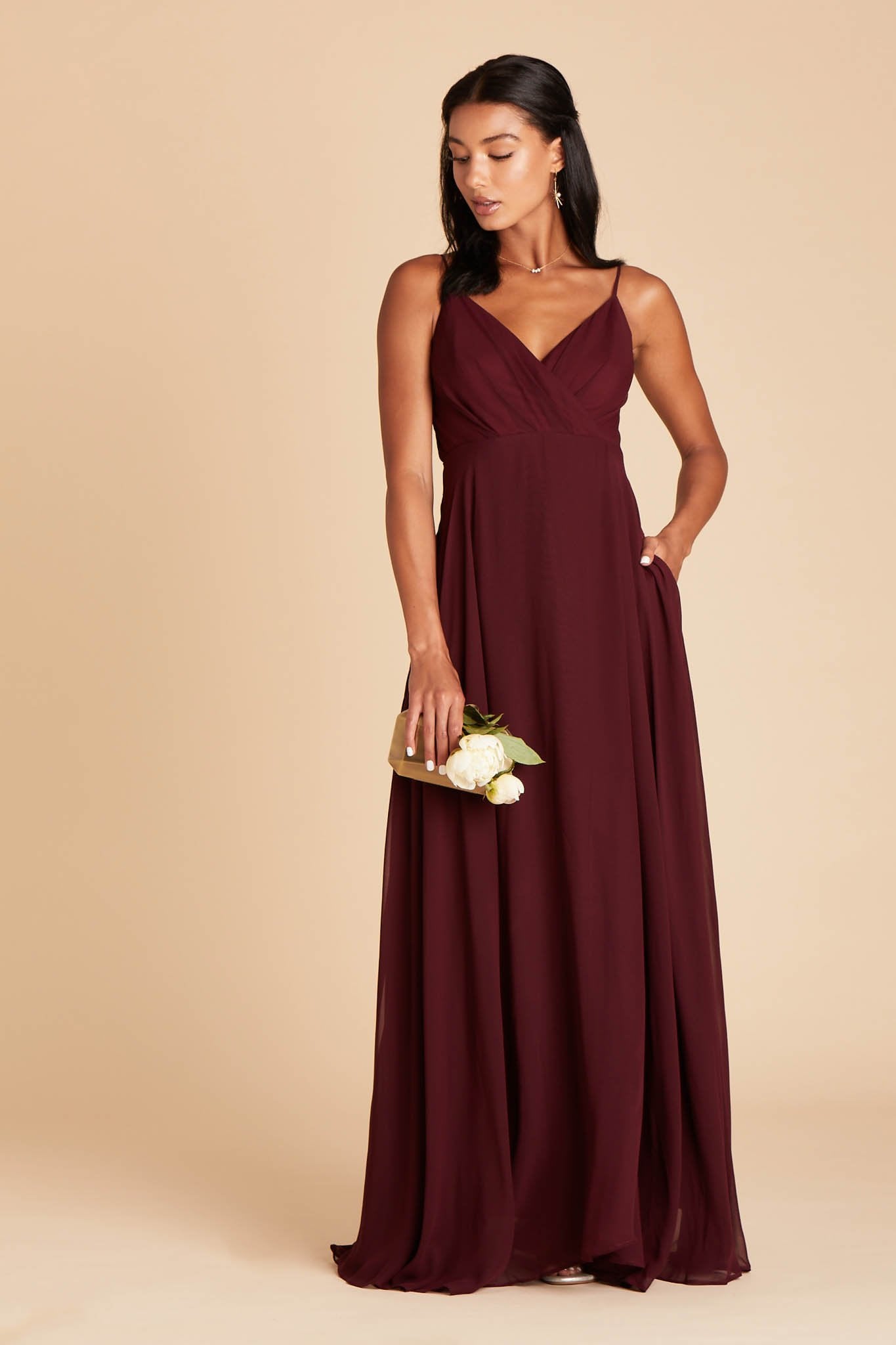 Flowy Bridesmaid Dress with Swooping Skirt | Kaia Cabernet