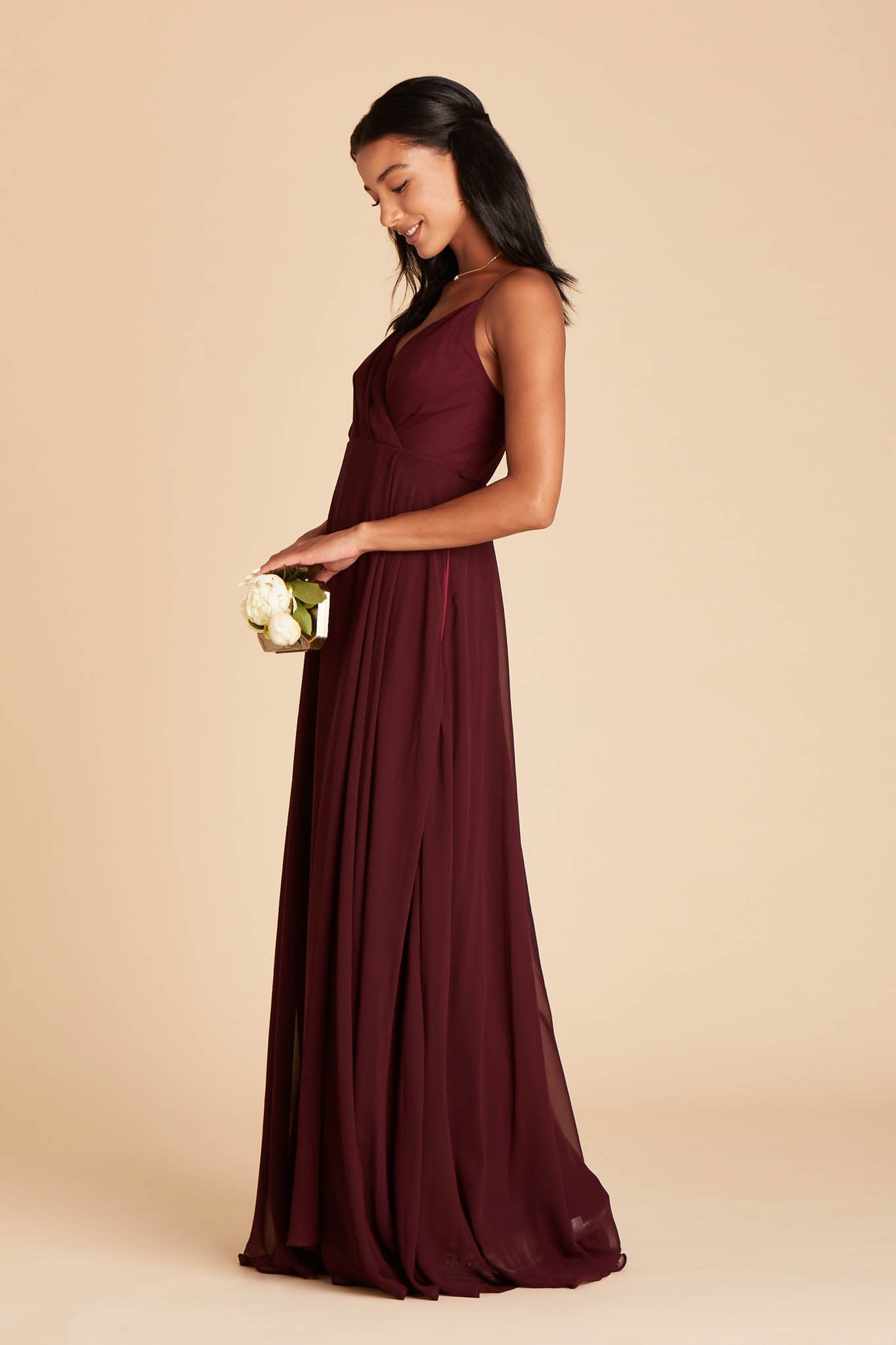 Flowy Bridesmaid Dress with Swooping Skirt | Kaia Cabernet