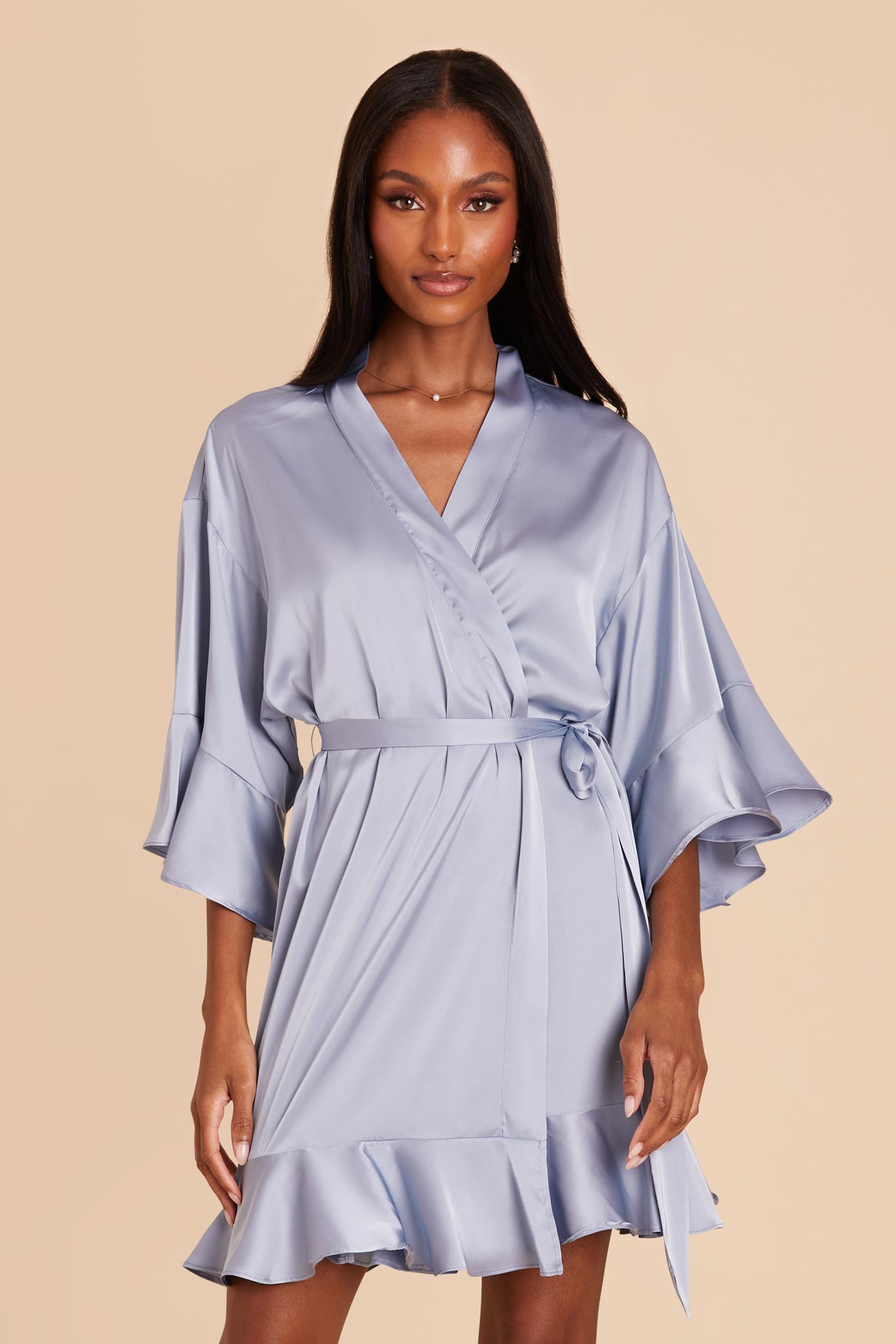 Flirty Ruffled Satin Robe for Bridal Suite | Kenny Dusty Blue