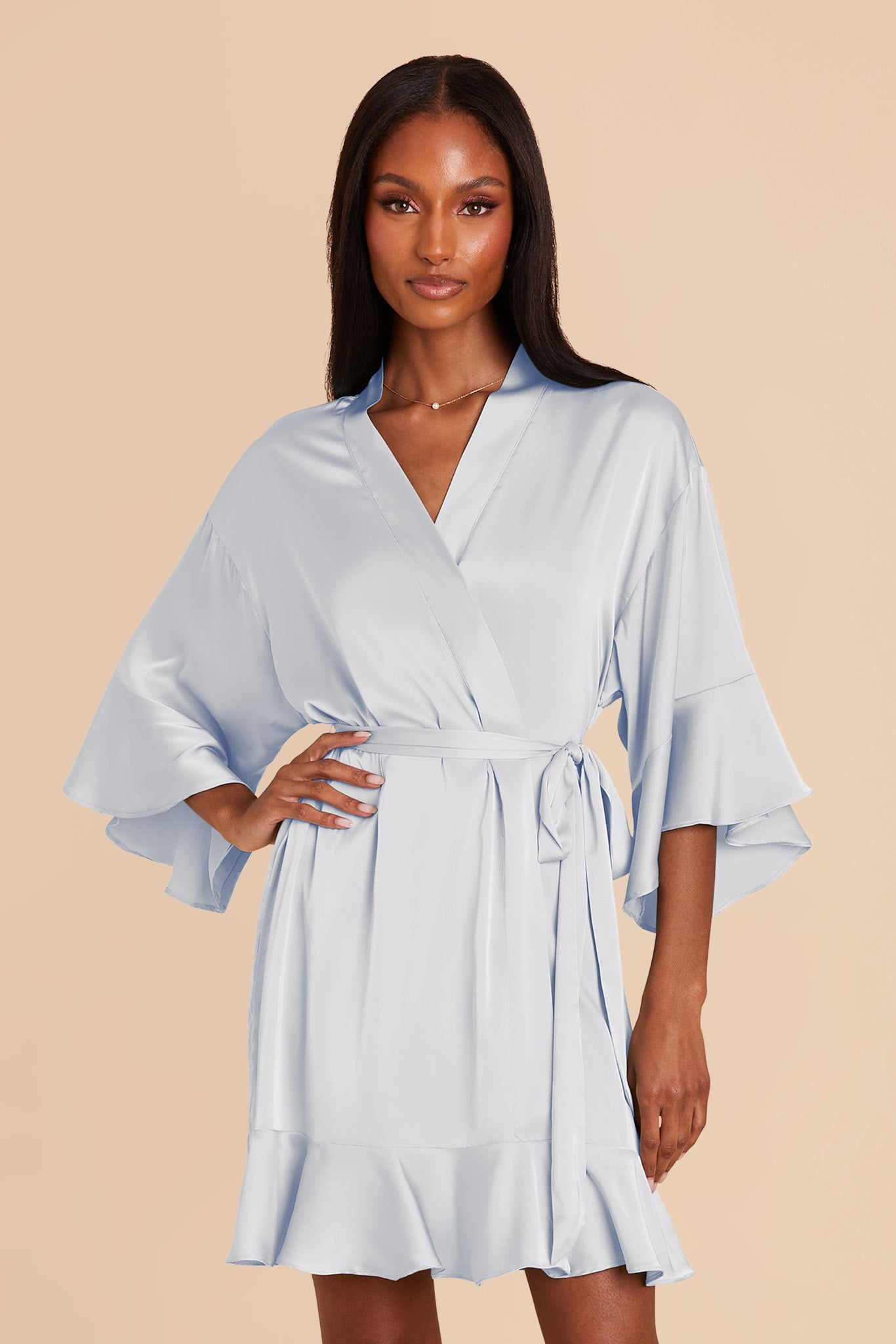 Flirty Ruffled Satin Robe for Bridal Suite | Mist Blue