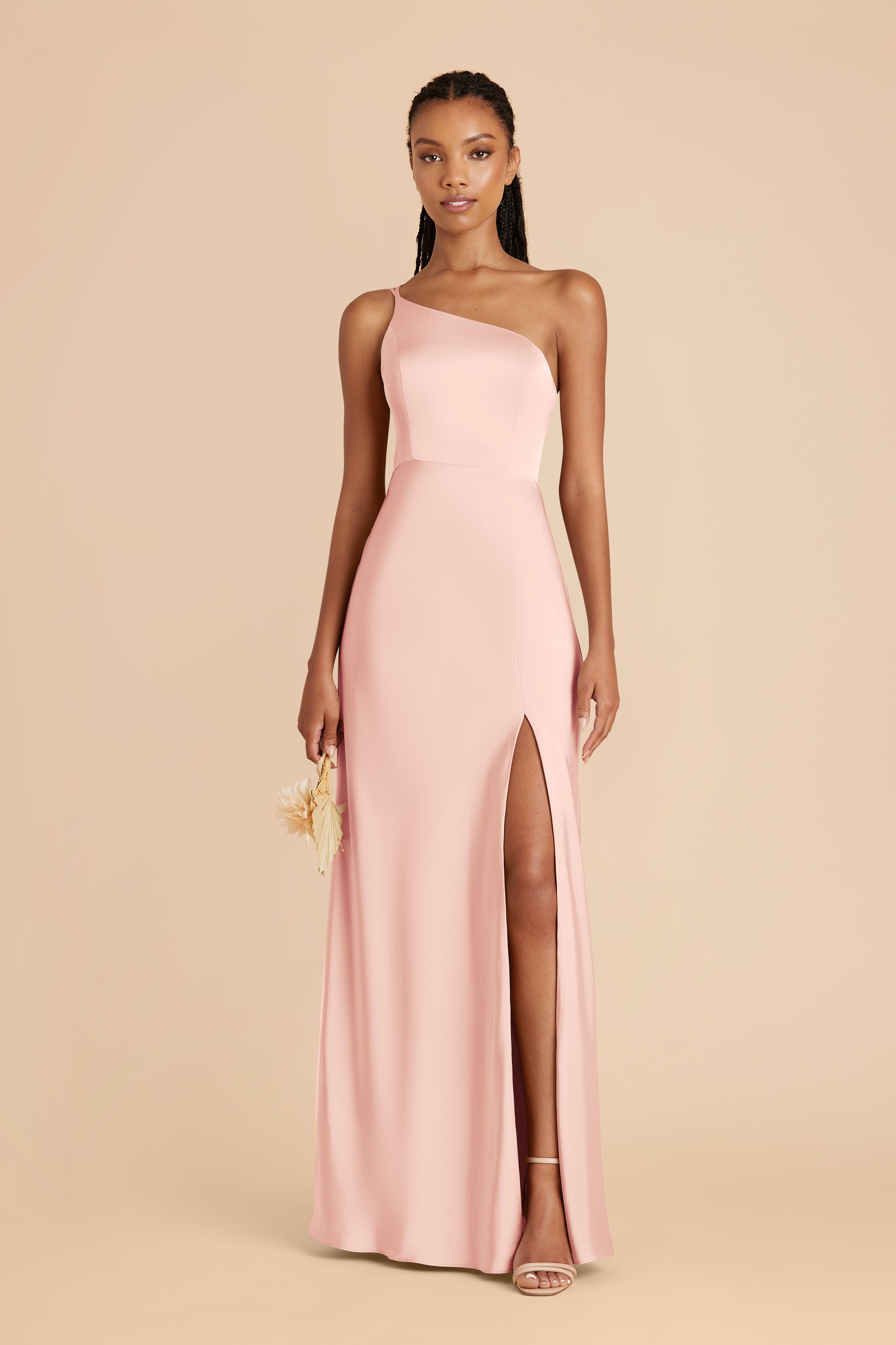 One-Shoulder A-Line Gown in Blush Pink | Kensie Matte Satin Dress