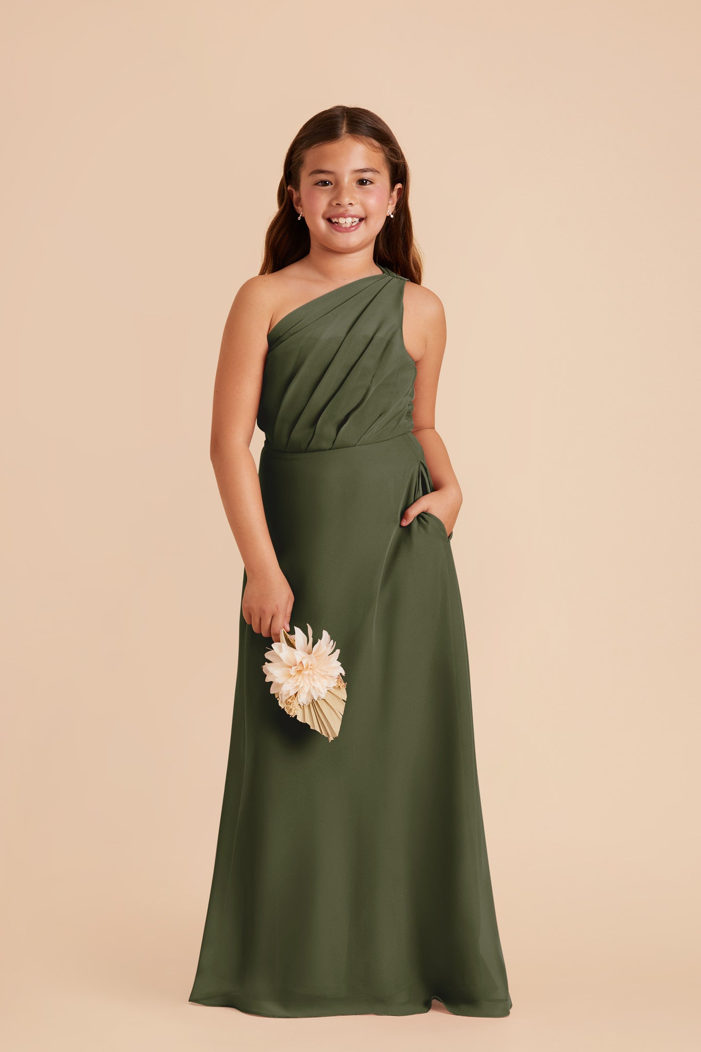 Junior One-Shoulder Chiffon Dress for Tweens | Kiara Olive