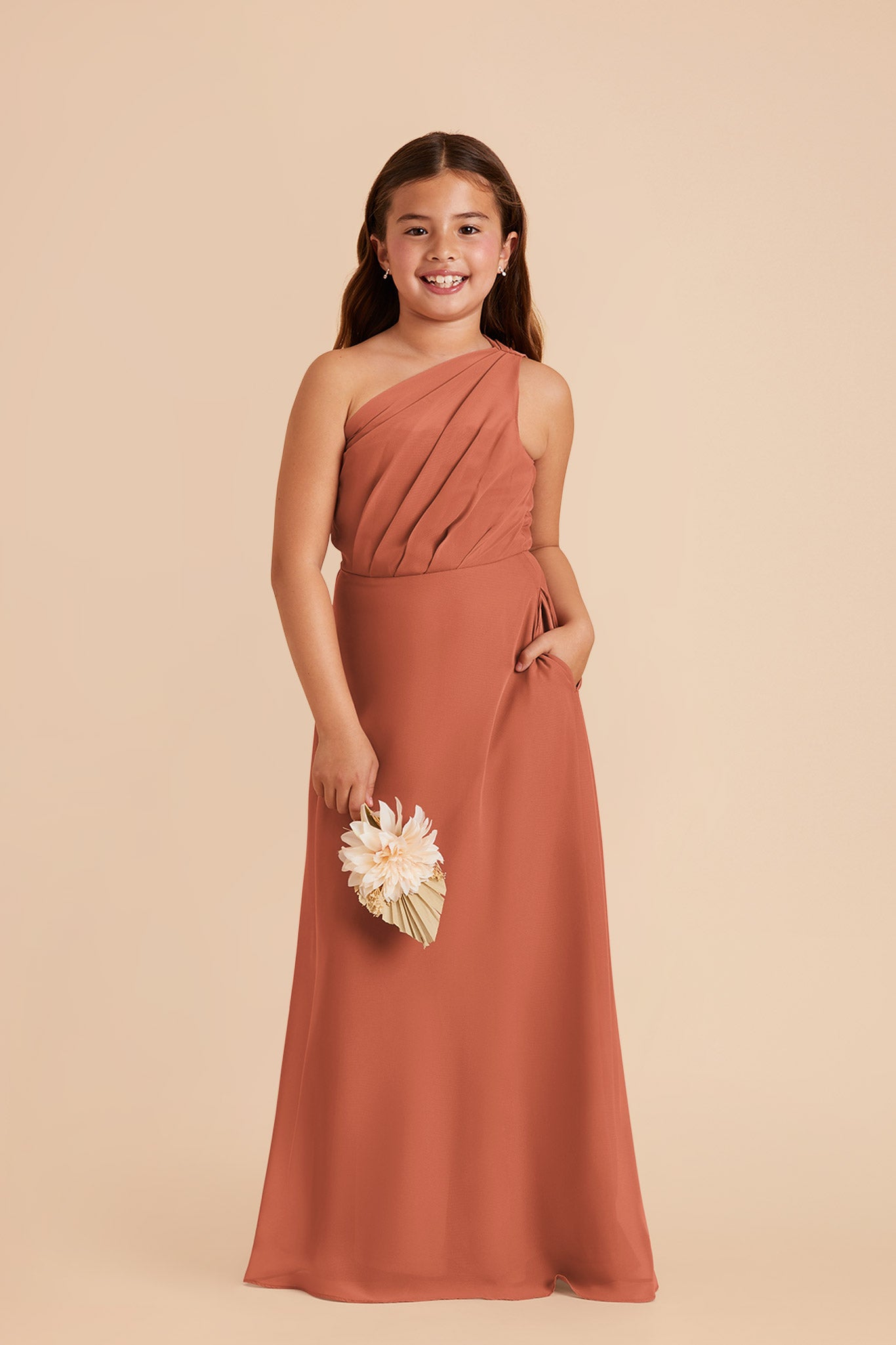One-Shoulder Chiffon Dress for Tweens | Kiara Junior Terracotta