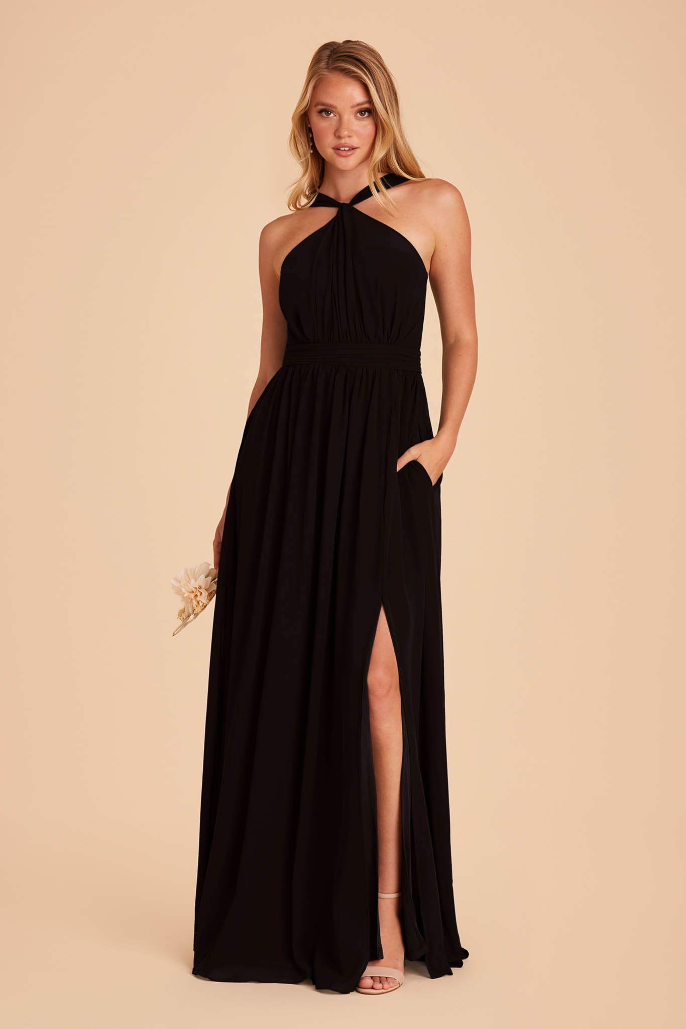 Chiffon Halter Neck Dress with High Slit | Kiko Black