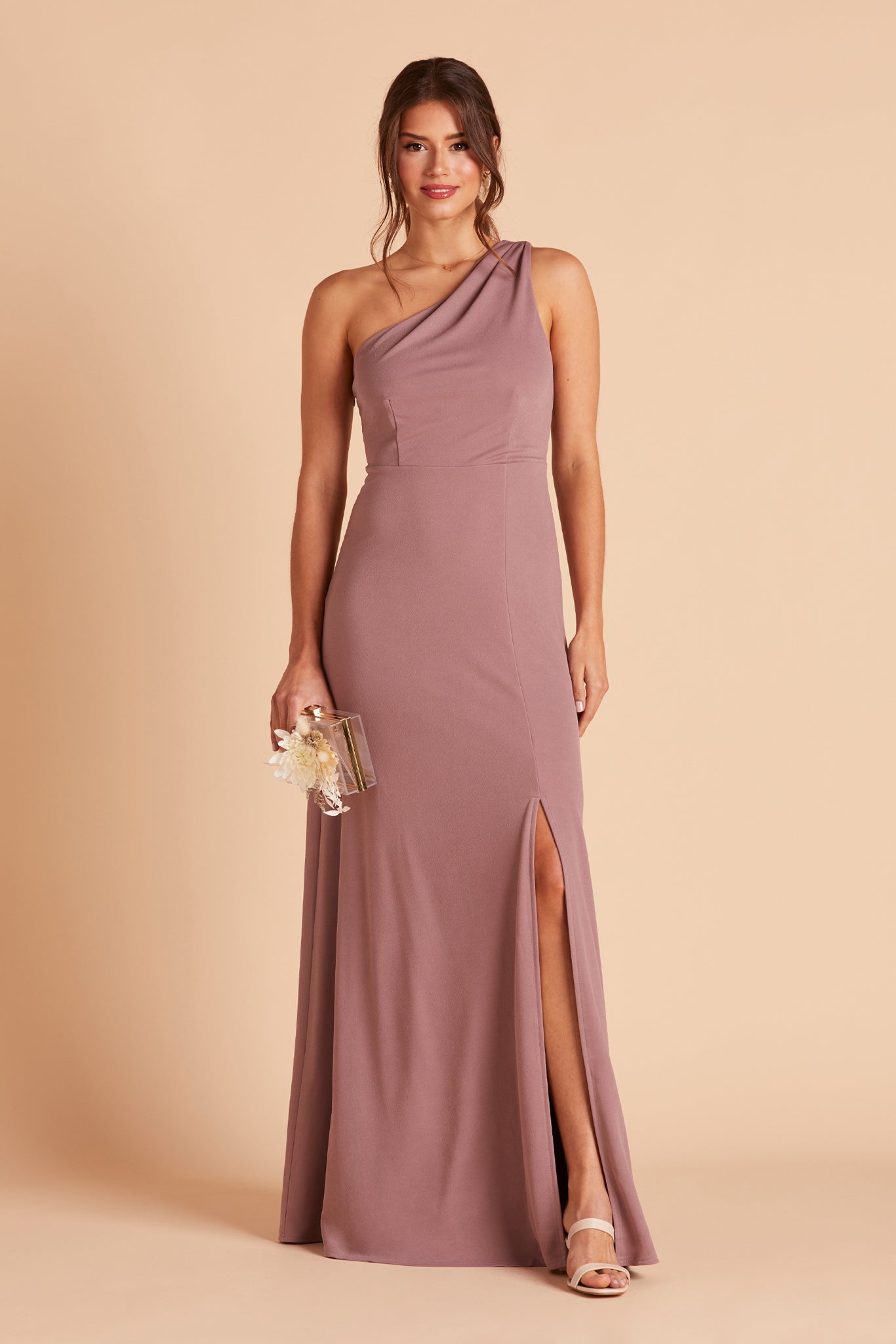 One-Shoulder Crepe Bridesmaid Dress in Dark Mauve | Kira