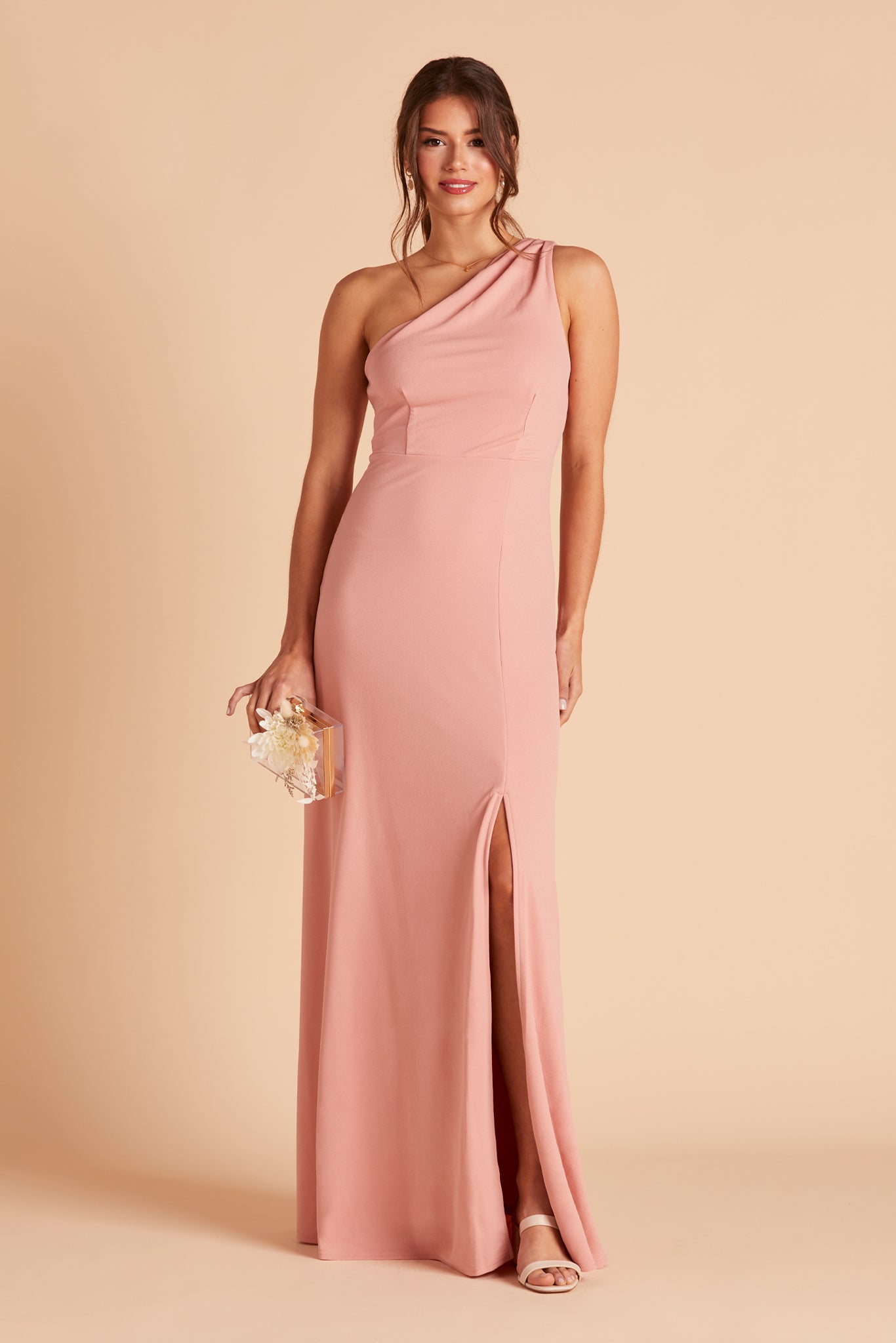 One-Shoulder Crepe Bridesmaid Dress in Dusty Rose | Kira