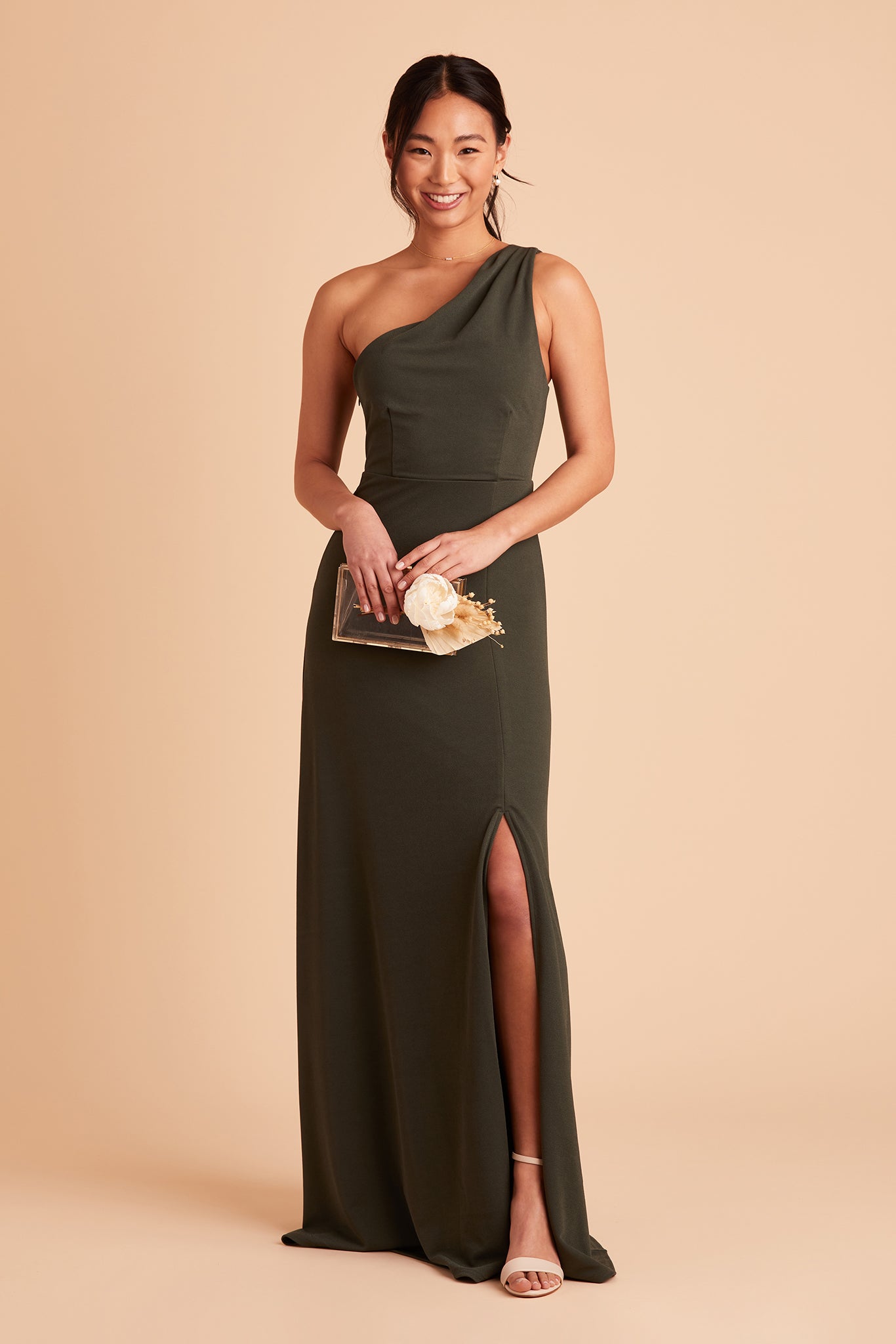 One-Shoulder Crepe Bridesmaid Dress in Olive | Kira