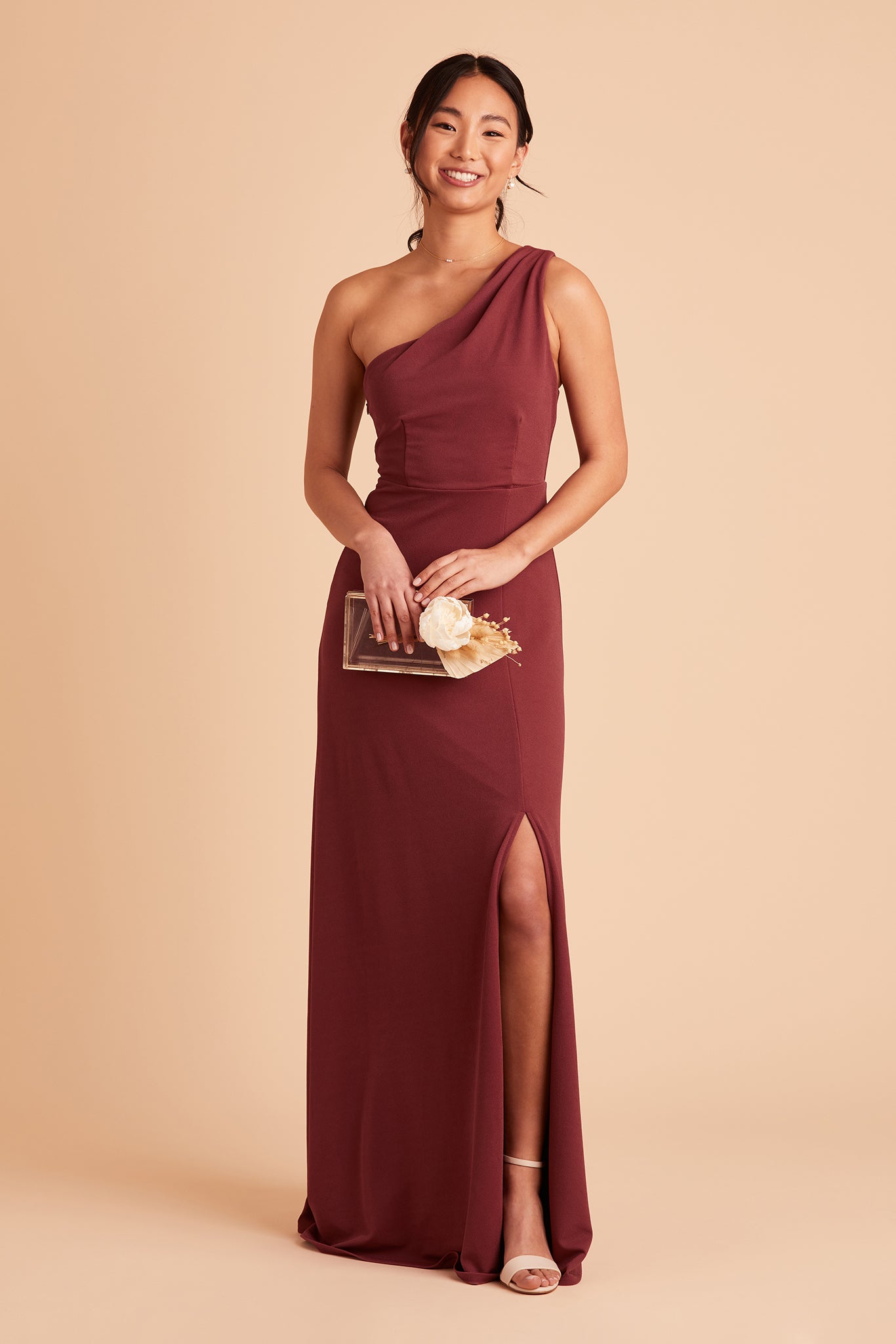 One-Shoulder Crepe Bridesmaid Dress in Rosewood | Kira