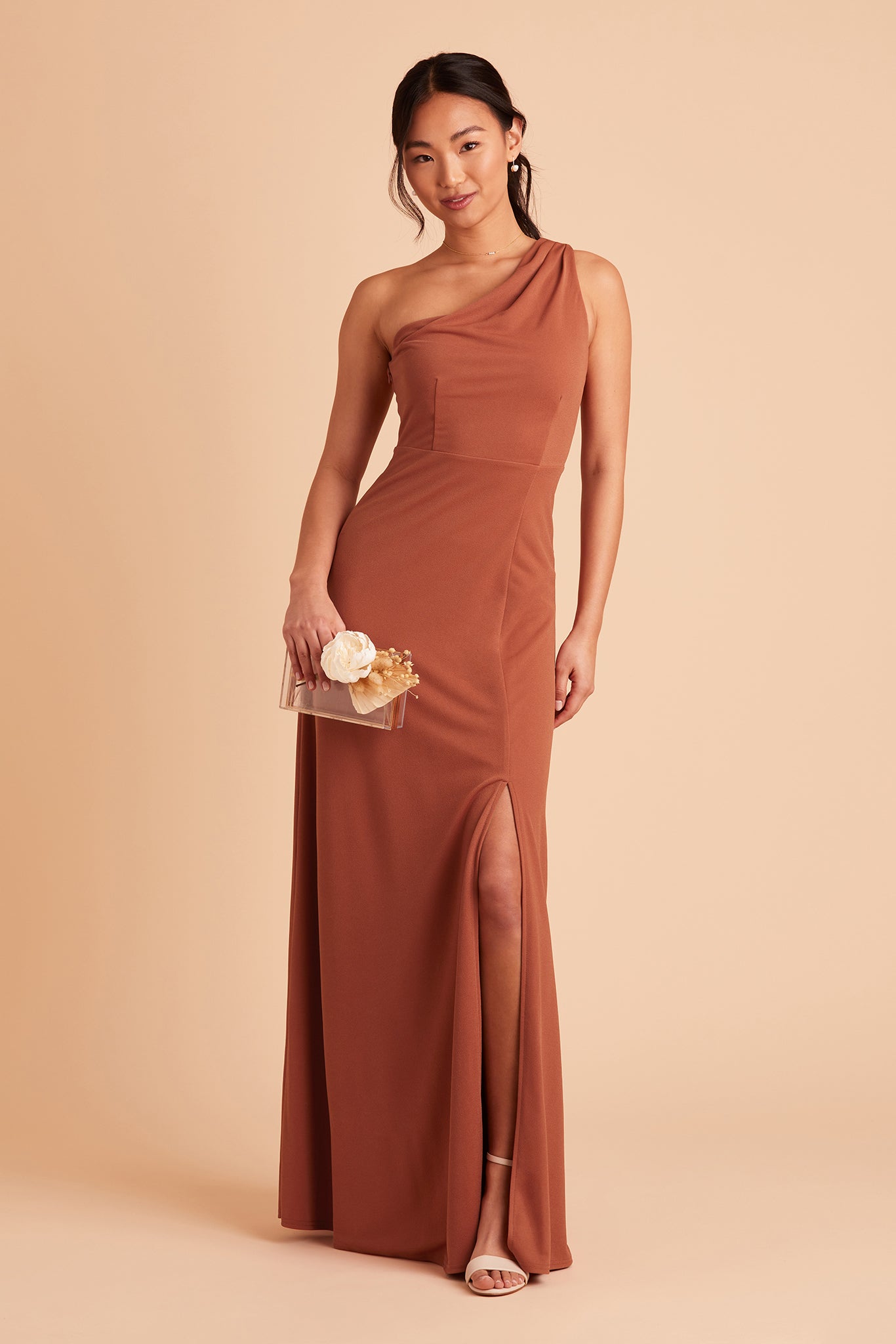One-Shoulder Crepe Bridesmaid Dress in Terracotta | Kira