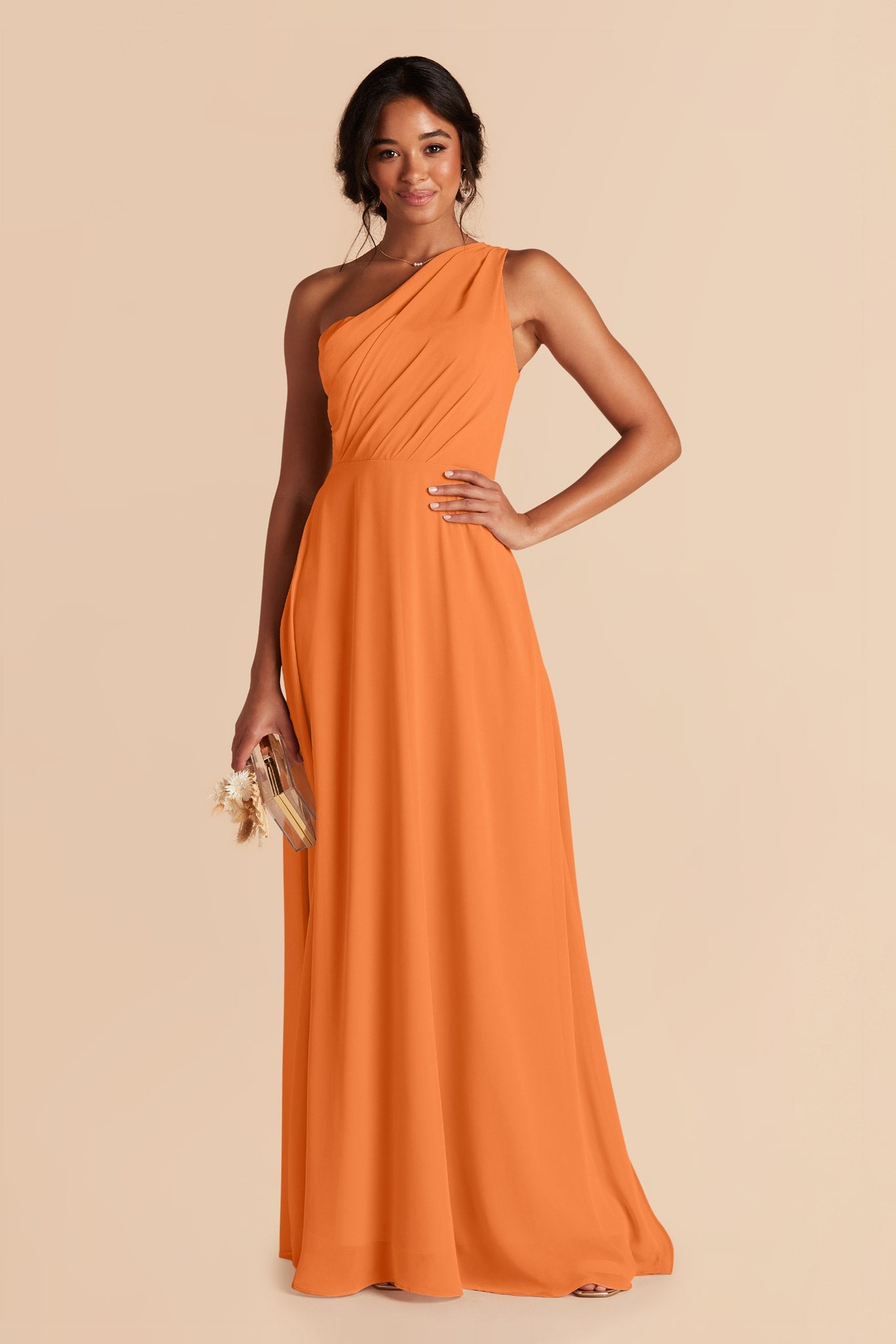 One-Shoulder Chiffon Bridesmaid Dress in Apricot | Kira Dress