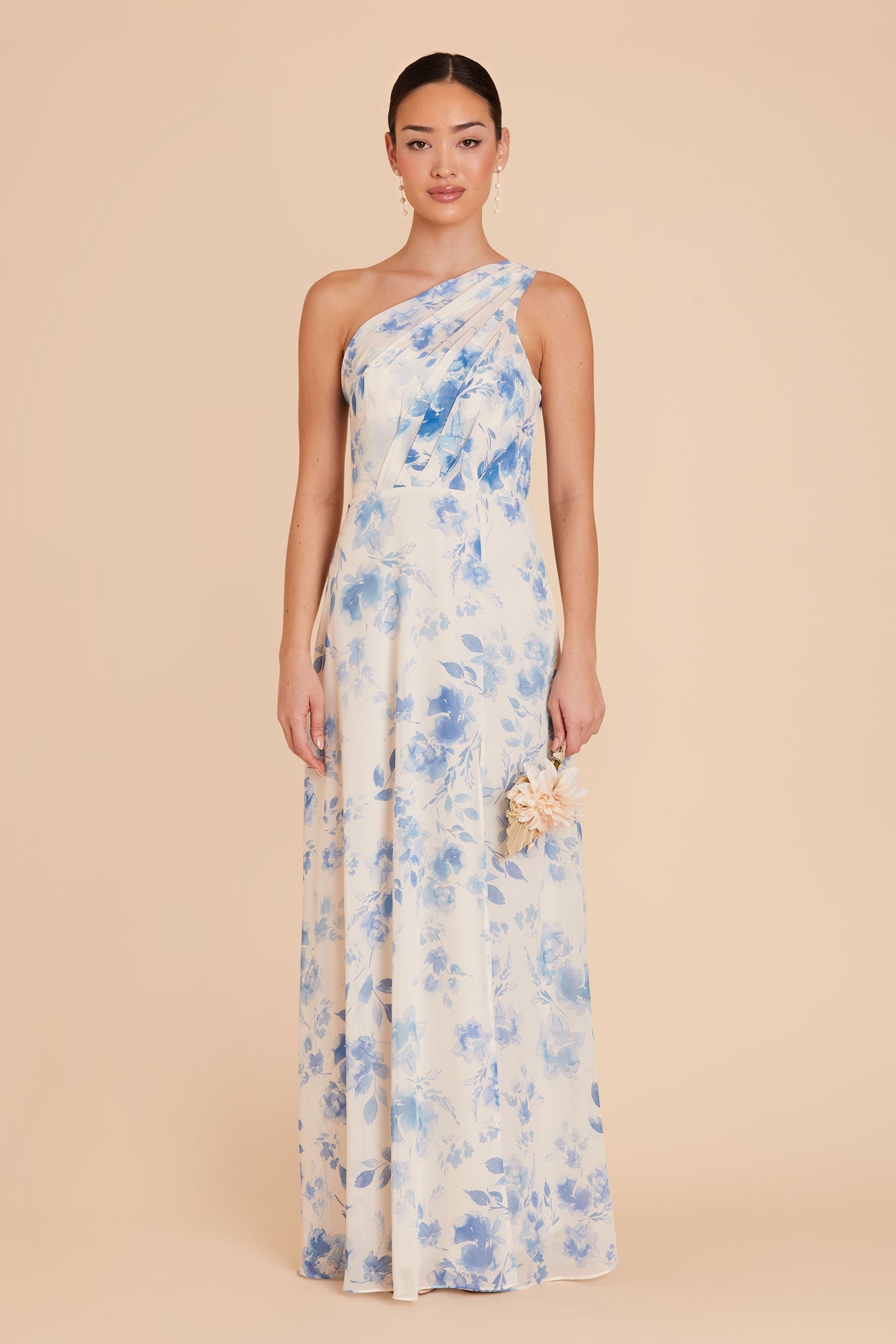 One-Shoulder Bridesmaid Dress in Blue Floral Chiffon | Kira Dress