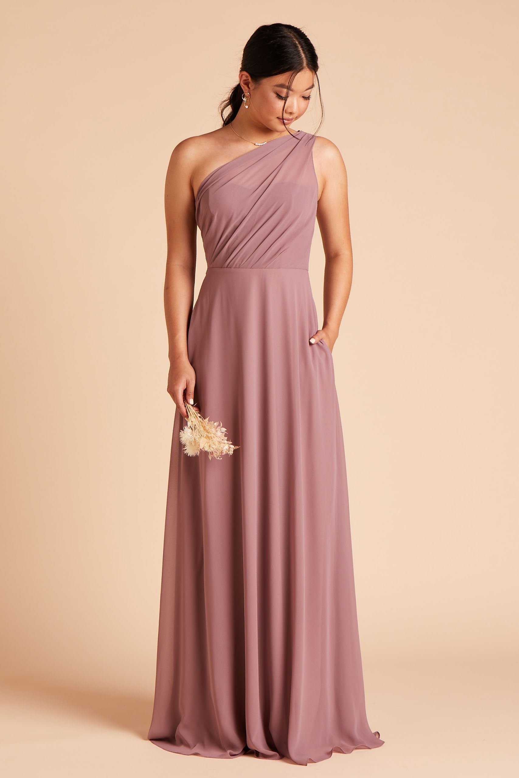 One-Shoulder Chiffon Bridesmaid Dress in Dark Mauve | Kira Dress