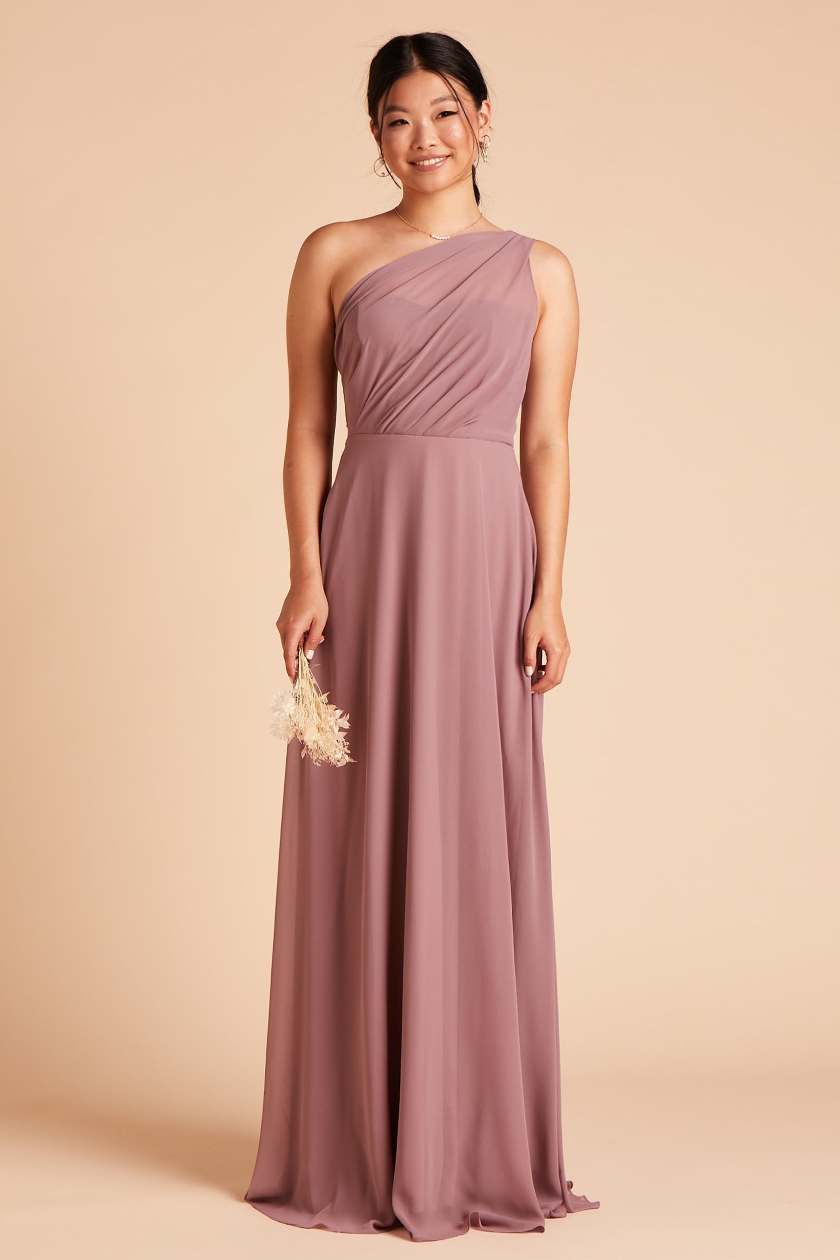 One-Shoulder Chiffon Bridesmaid Dress in Dark Mauve | Kira Dress