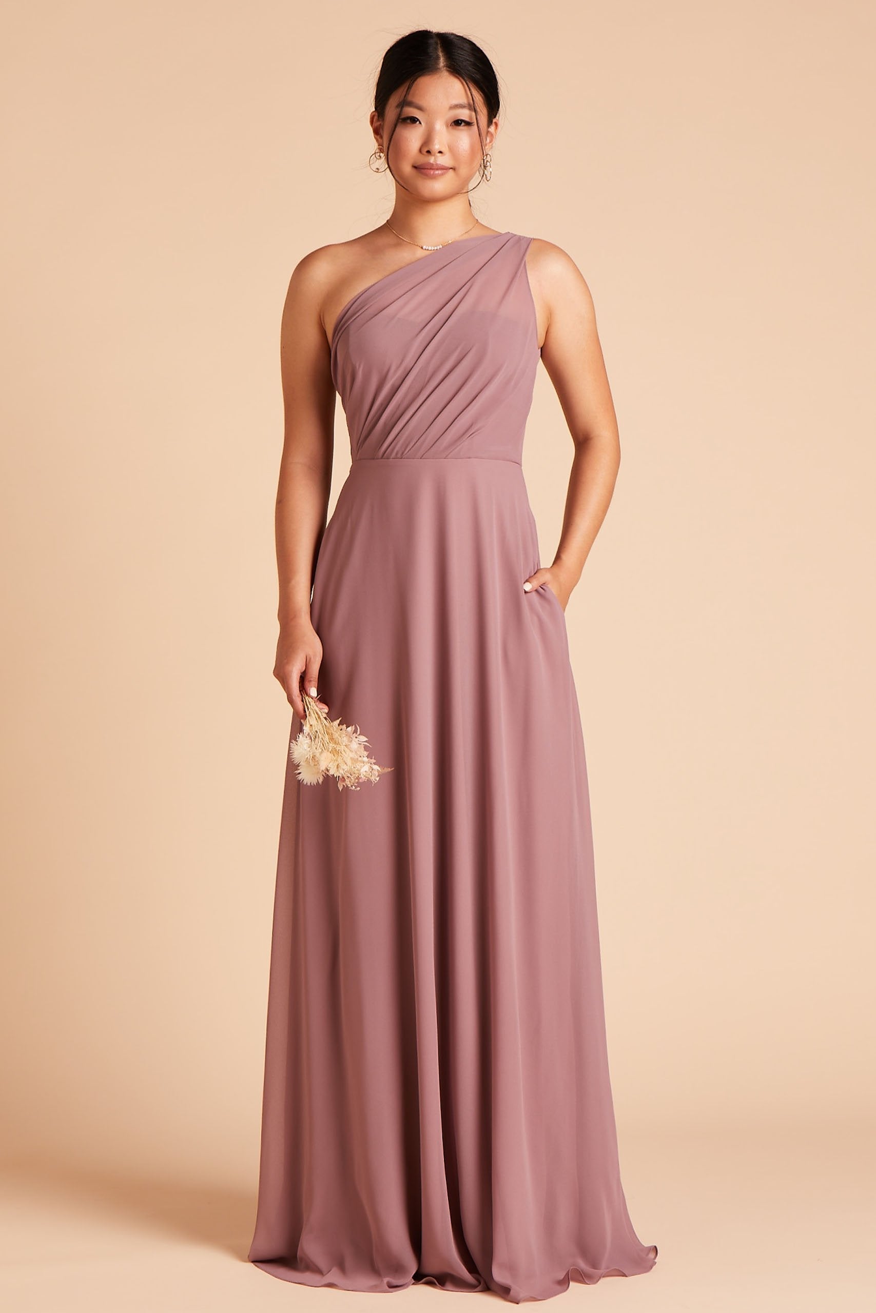 One-Shoulder Chiffon Bridesmaid Dress in Dark Mauve | Kira Dress