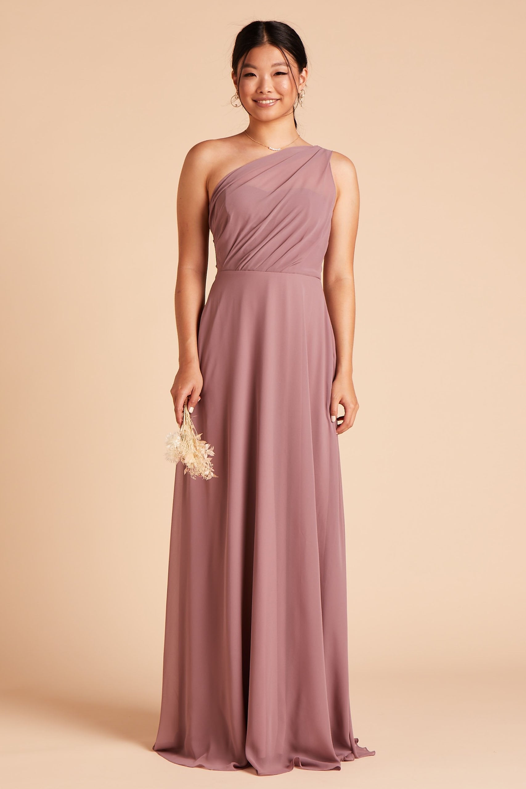 One-Shoulder Chiffon Bridesmaid Dress in Dark Mauve | Kira Dress