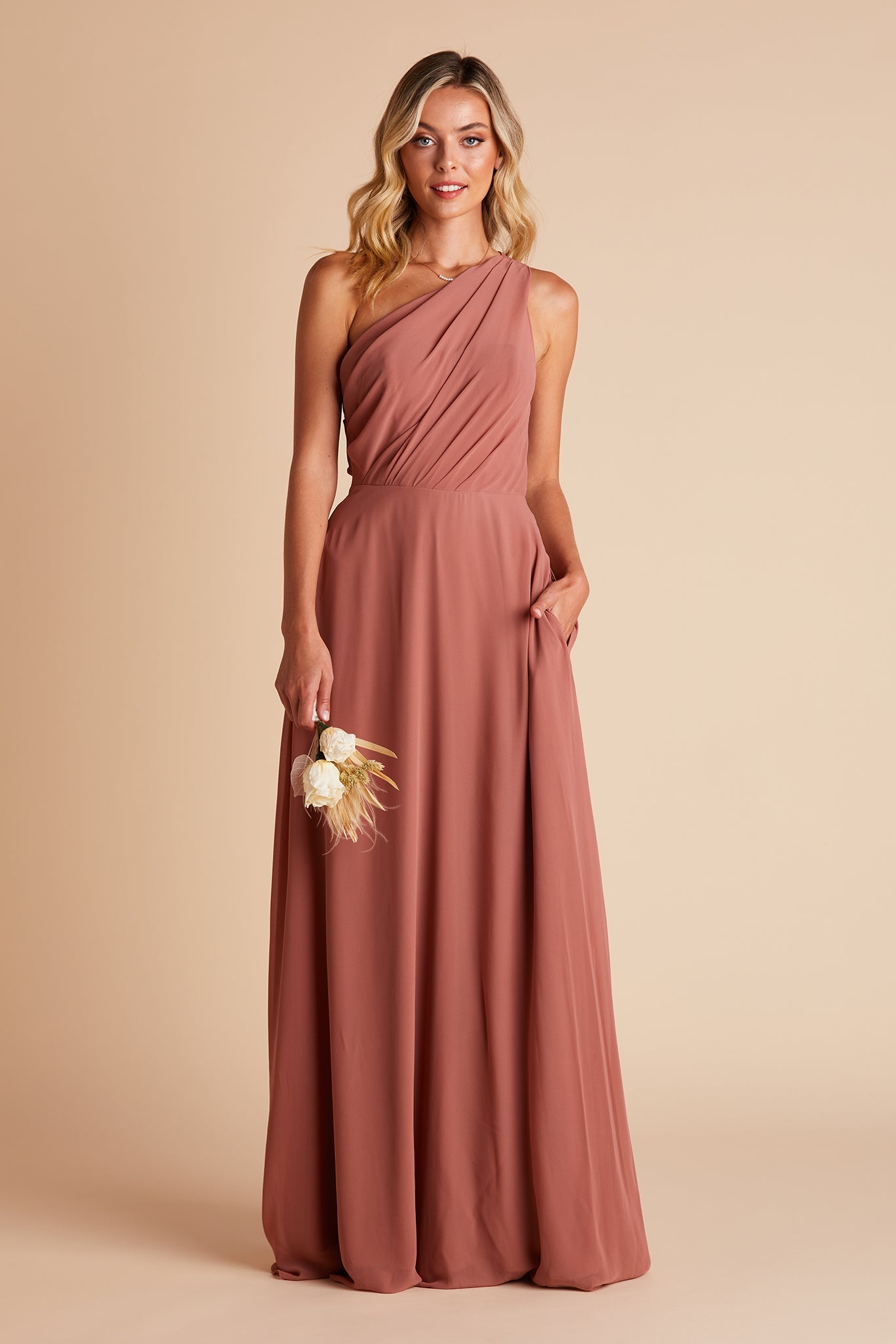 One-Shoulder Chiffon Bridesmaid Dress | Kira - Desert Rose