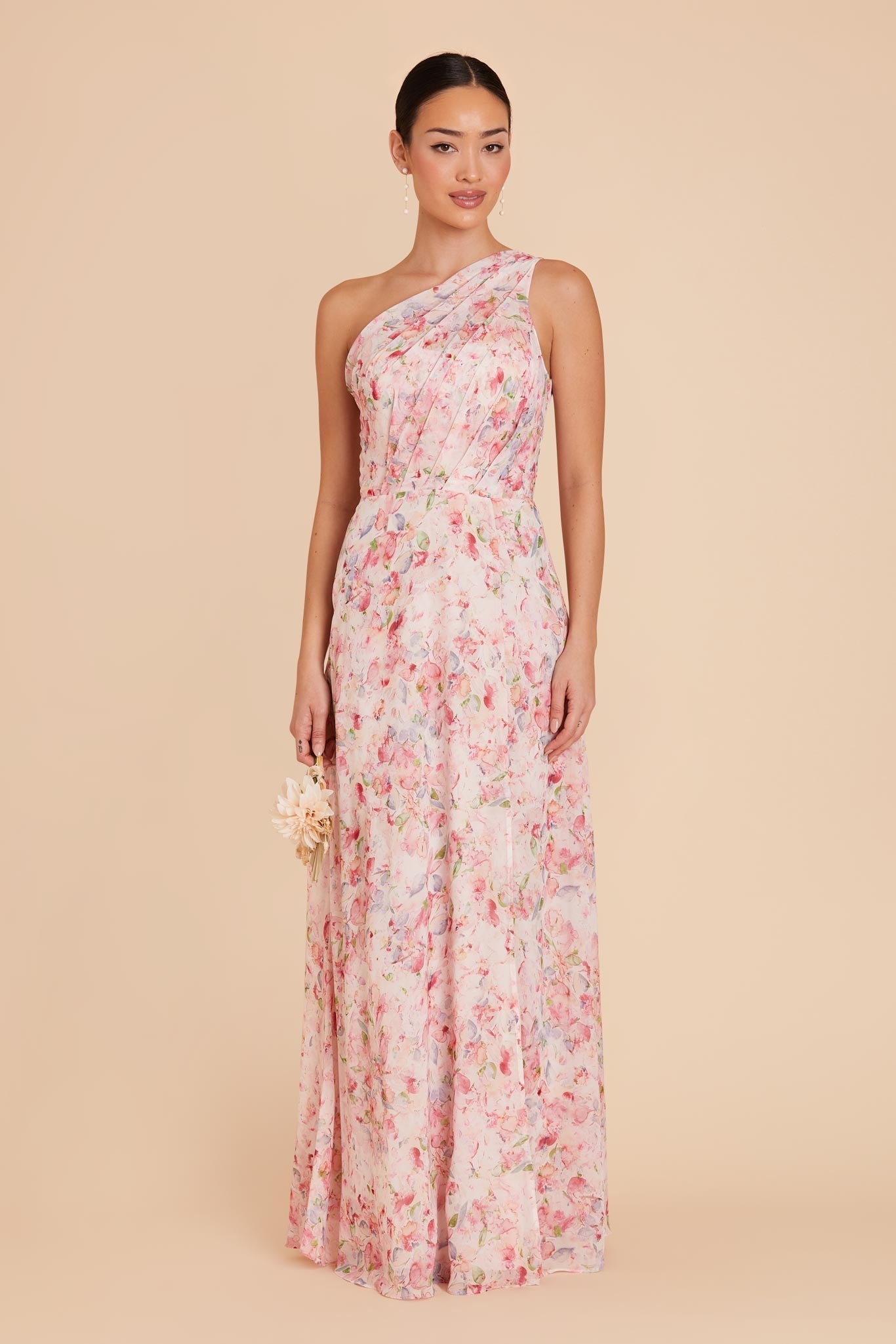 One-Shoulder Chiffon Bridesmaid Dress | Kira Dress - Pink Falling Petals