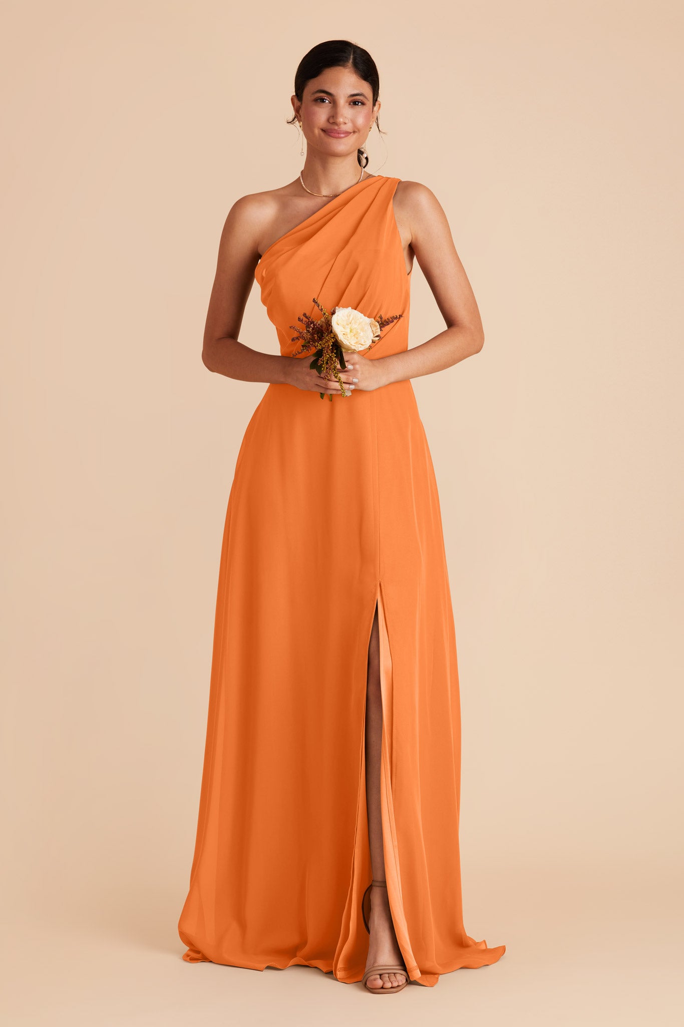 One-Shoulder Chiffon Bridesmaid Dress with Slit | Kira Apricot