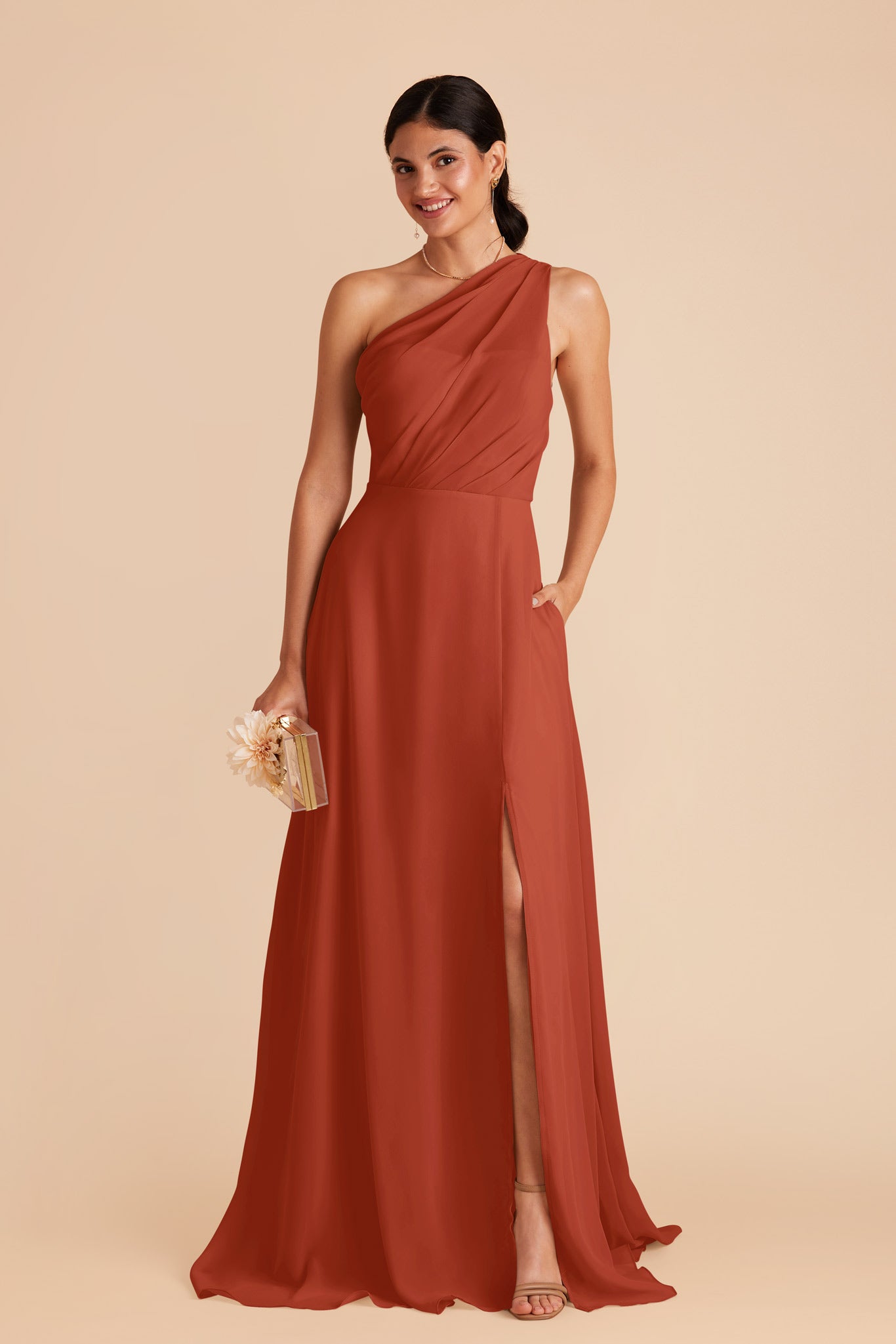 One-Shoulder Chiffon Bridesmaid Dress with Slit | Kira Auburn