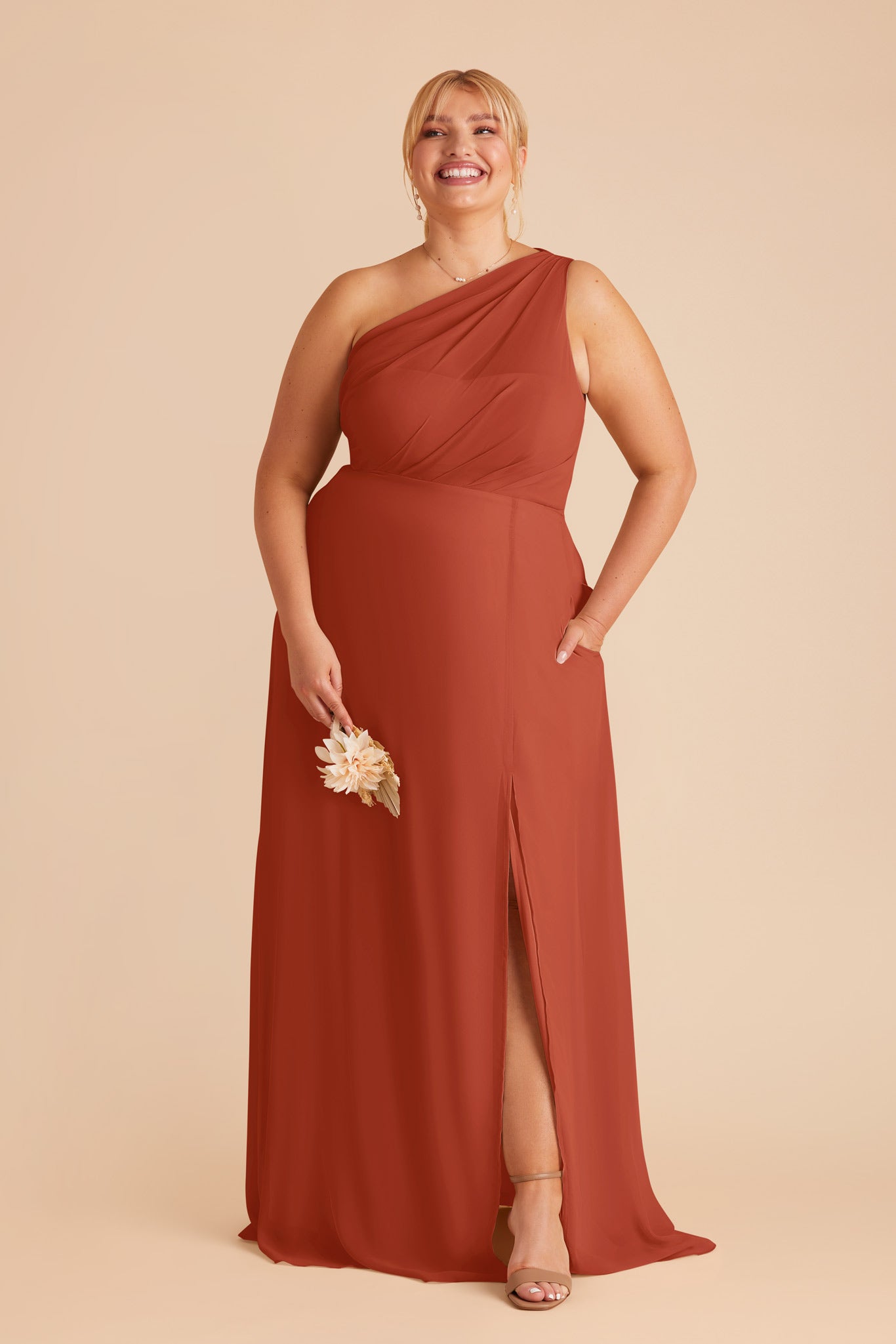 One-Shoulder Chiffon Bridesmaid Dress with Slit | Kira Auburn