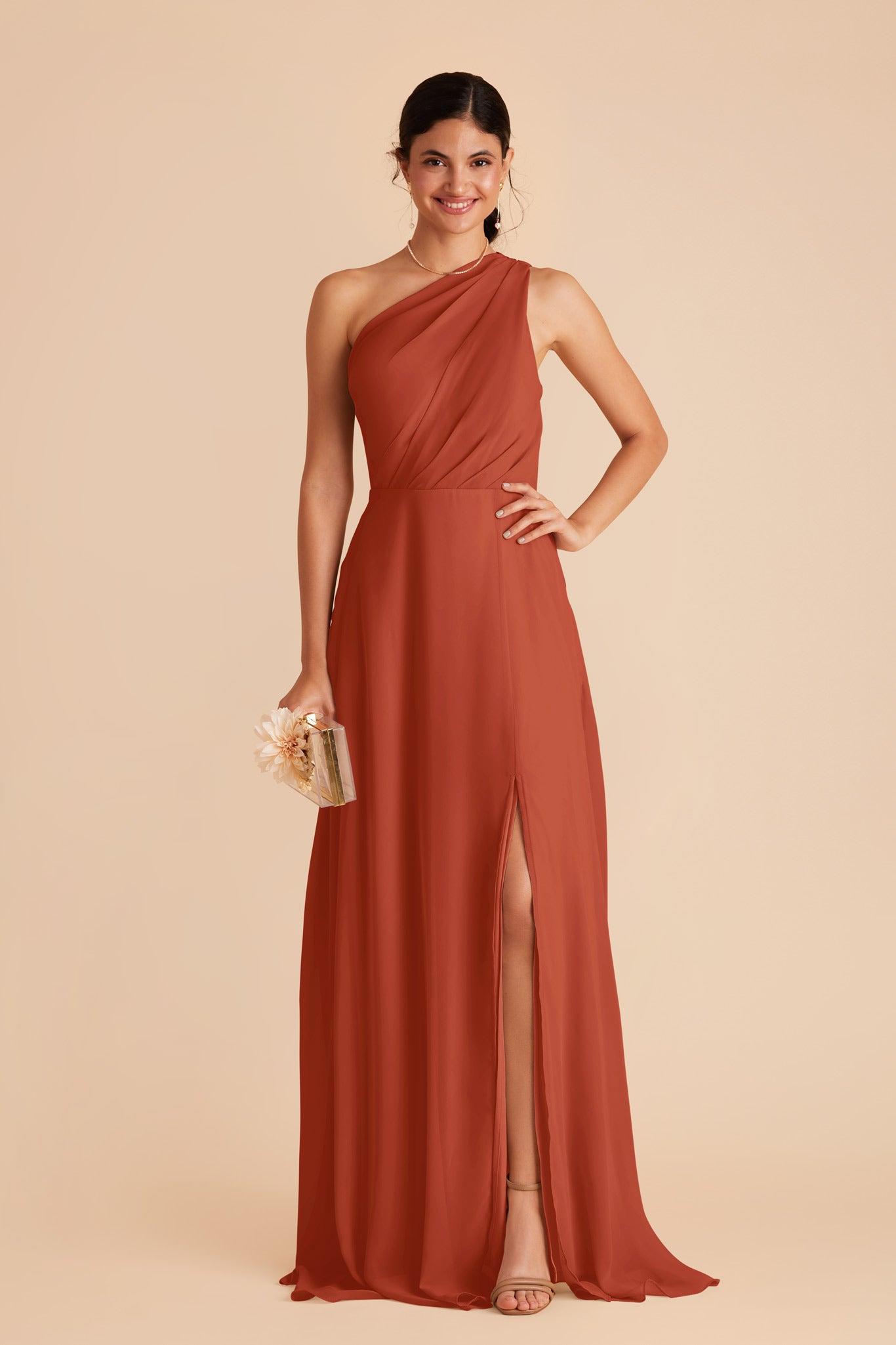 One-Shoulder Chiffon Bridesmaid Dress with Slit | Kira Auburn