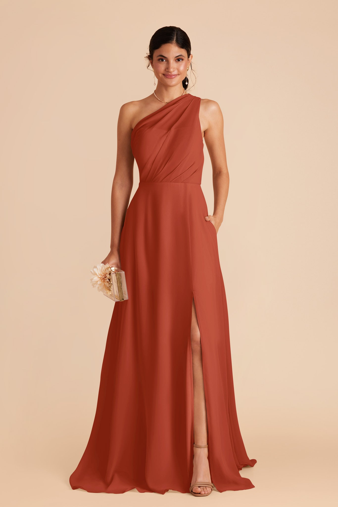 One-Shoulder Chiffon Bridesmaid Dress with Slit | Kira Auburn