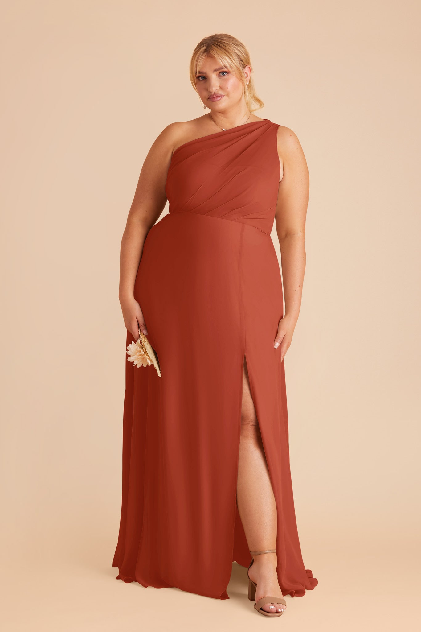One-Shoulder Chiffon Bridesmaid Dress with Slit | Kira Auburn