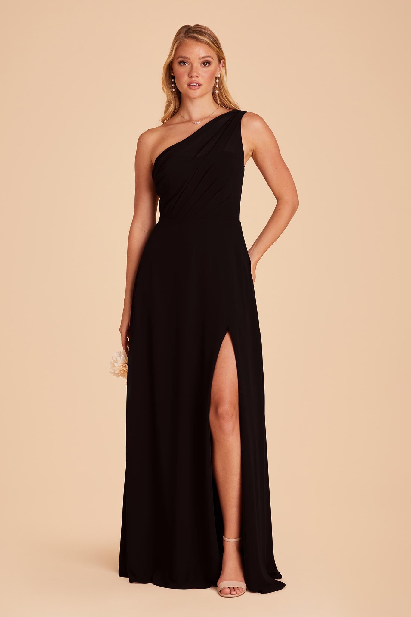One-Shoulder Chiffon Bridesmaid Dress with Slit | Kira Black