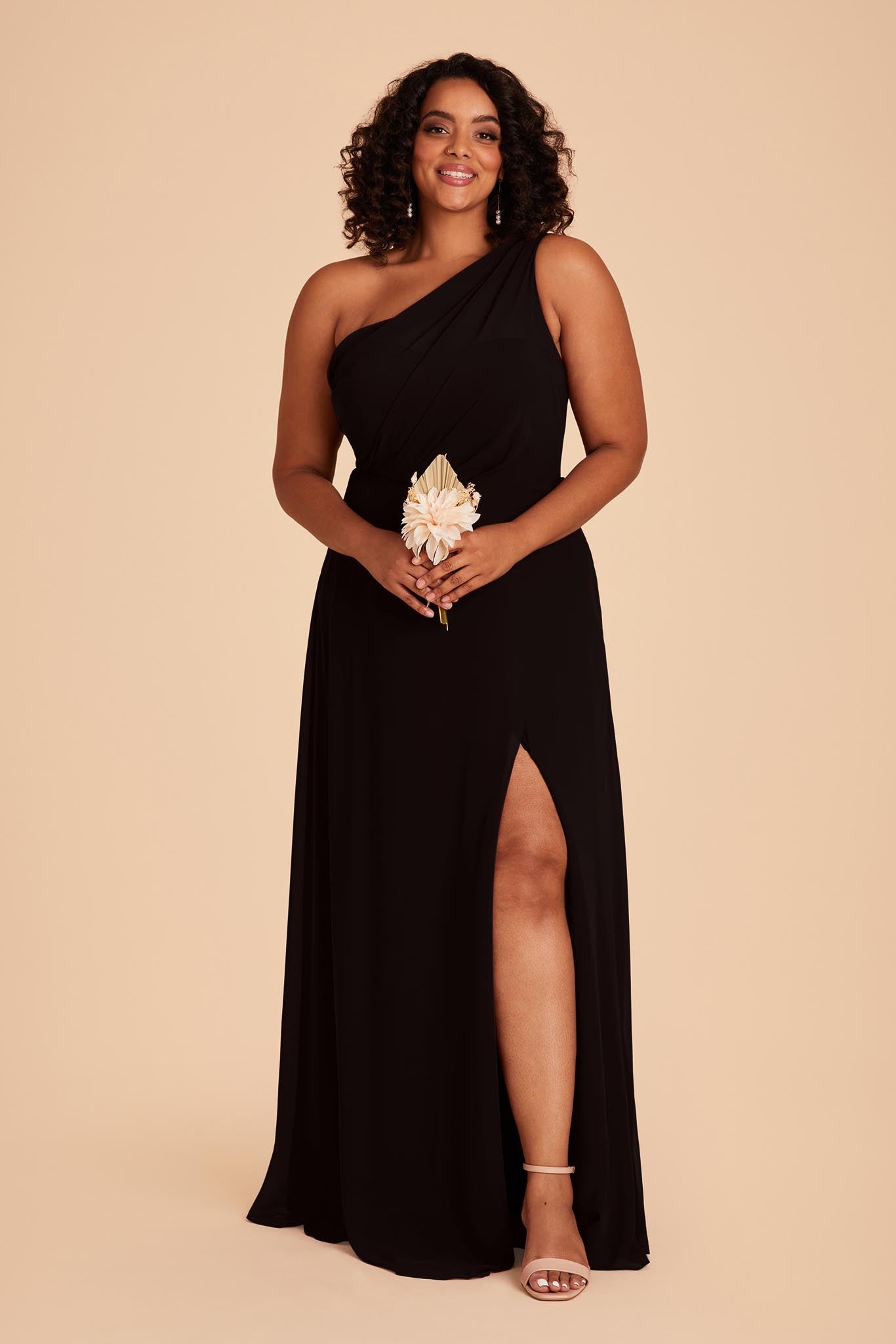 One-Shoulder Chiffon Bridesmaid Dress with Slit | Kira Black