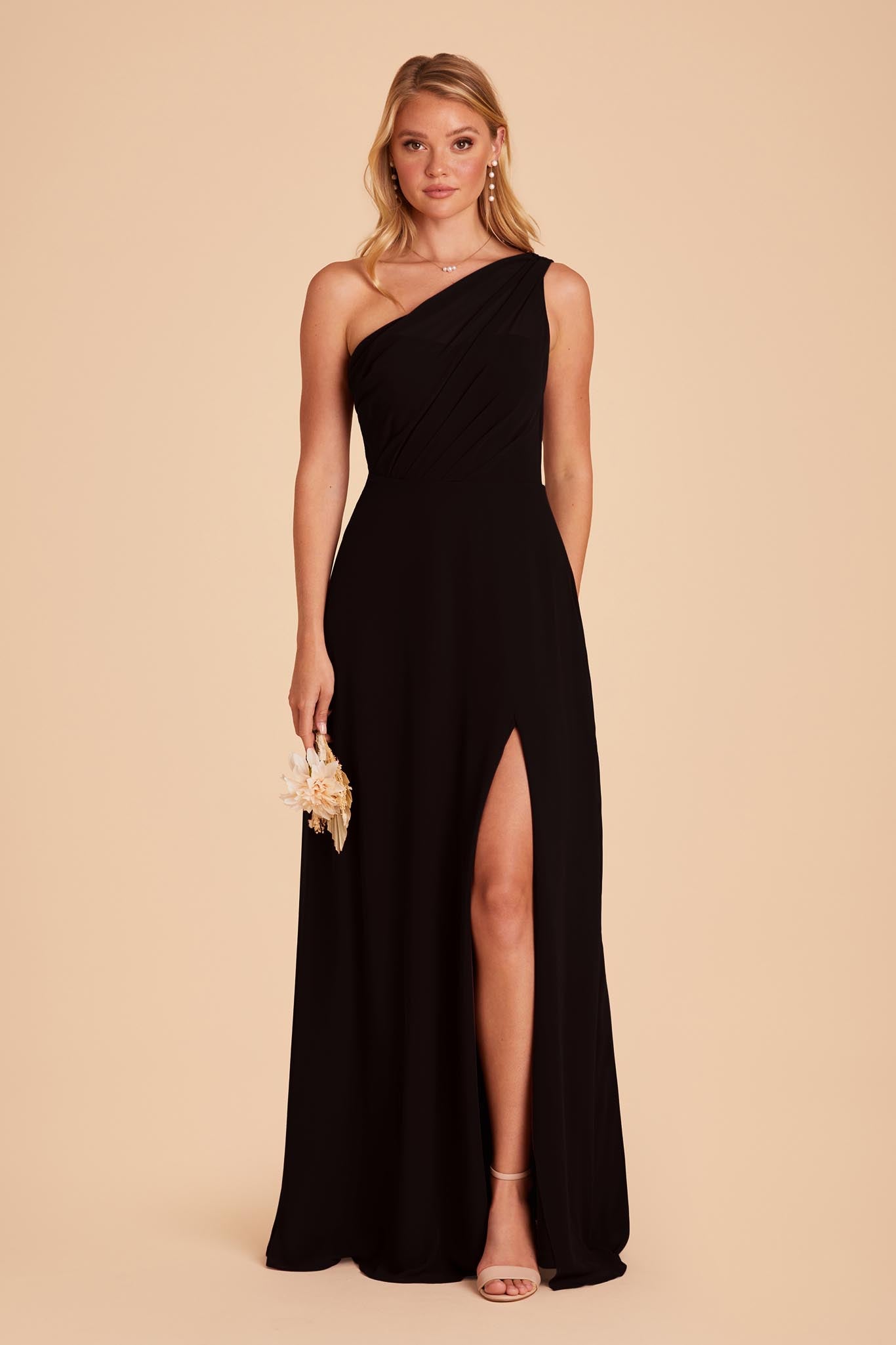 One-Shoulder Chiffon Bridesmaid Dress with Slit | Kira Black