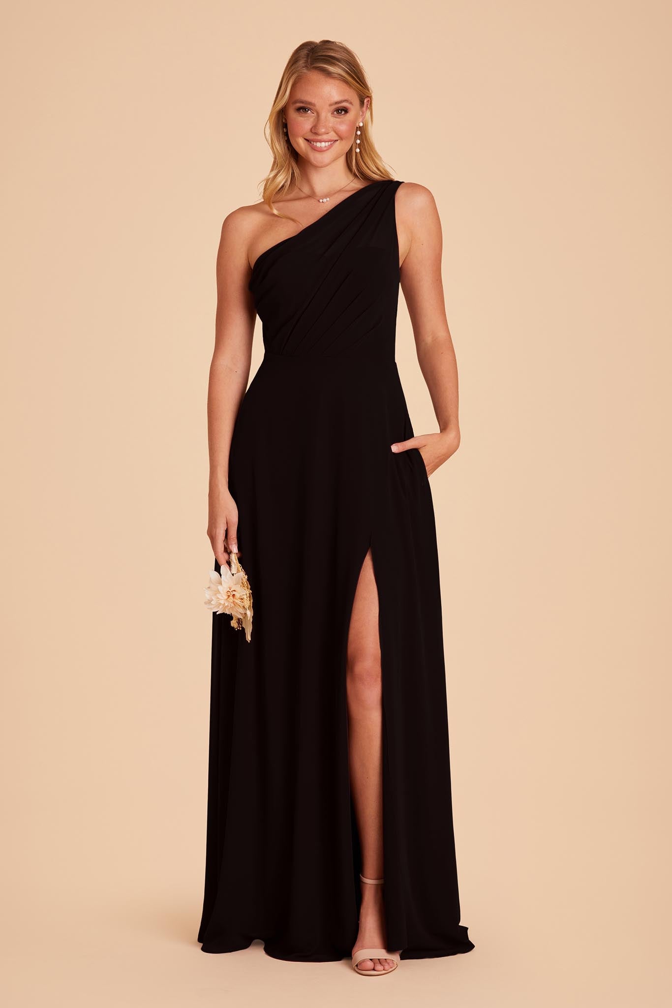 One-Shoulder Chiffon Bridesmaid Dress with Slit | Kira Black