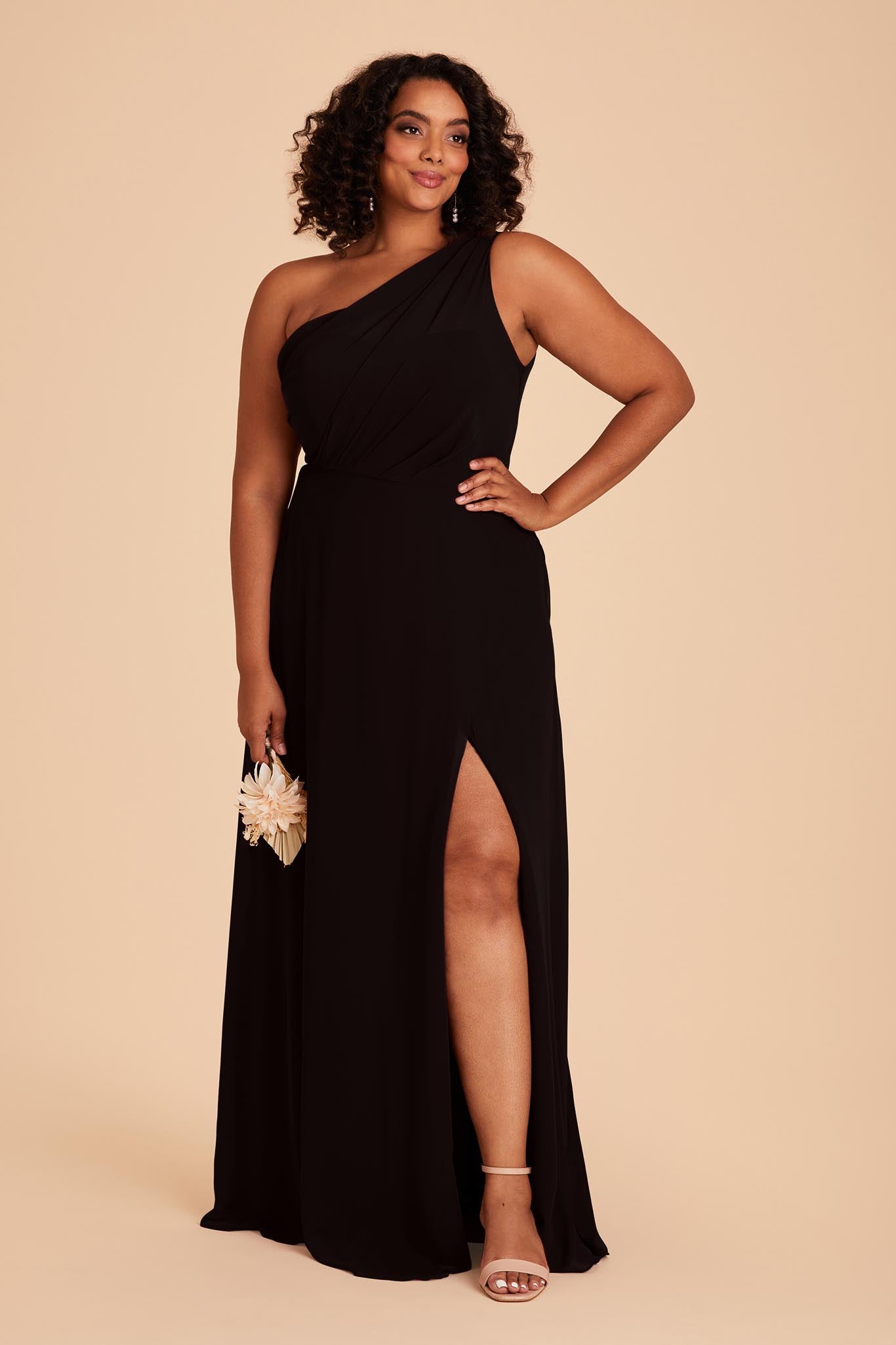 One-Shoulder Chiffon Bridesmaid Dress with Slit | Kira Black