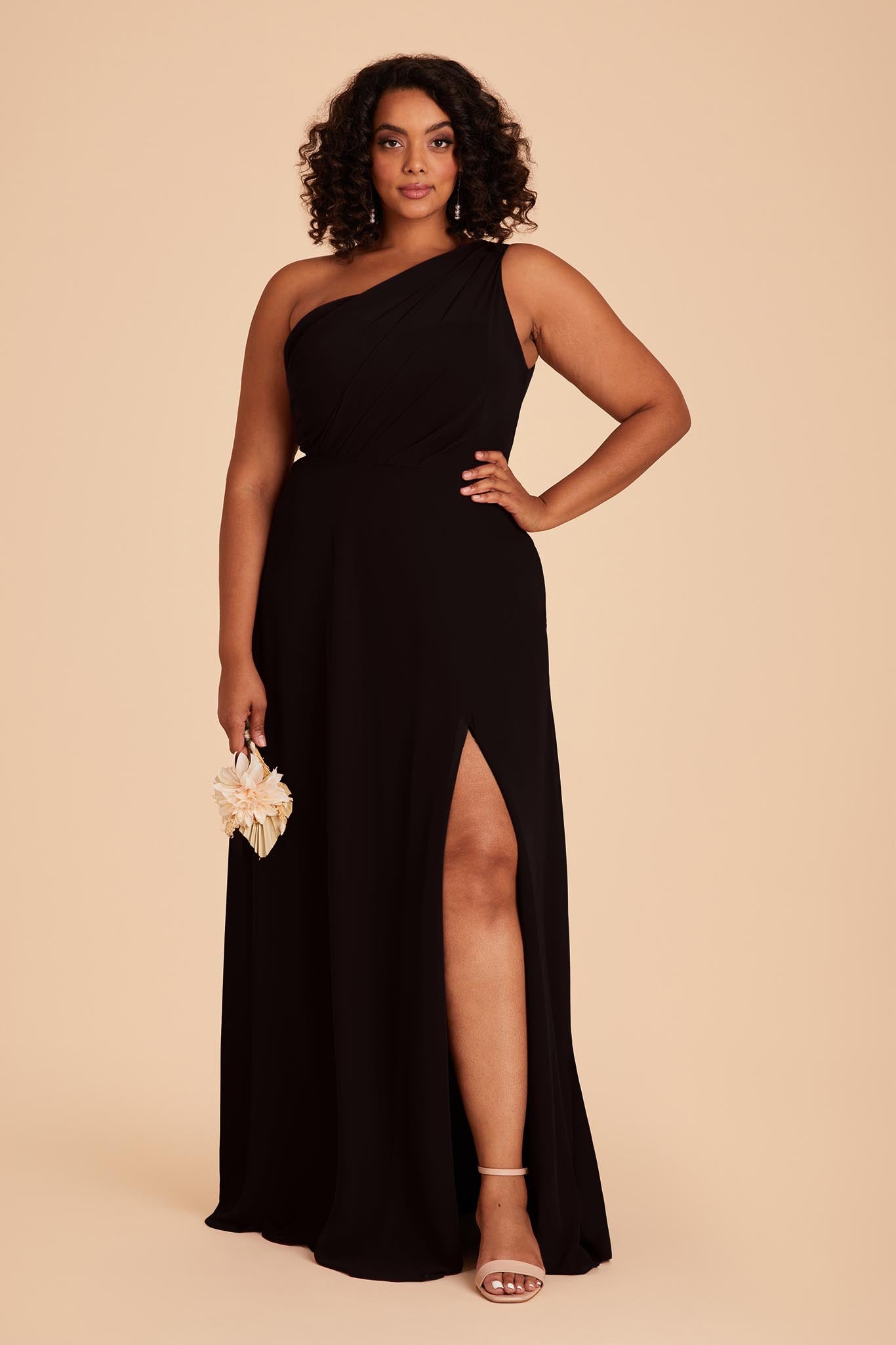 One-Shoulder Chiffon Bridesmaid Dress with Slit | Kira Black