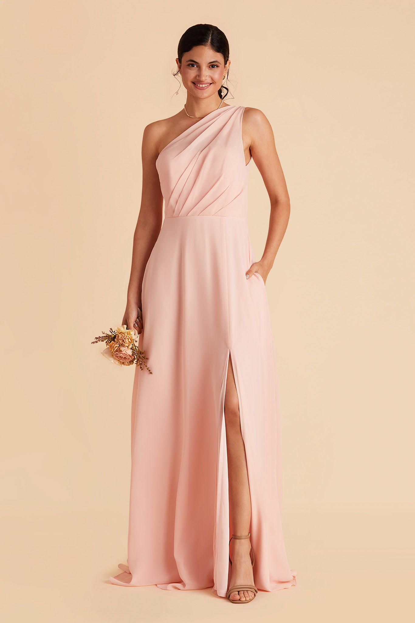 Blush Pink One-Shoulder Bridesmaid Dress with Slit | Kira