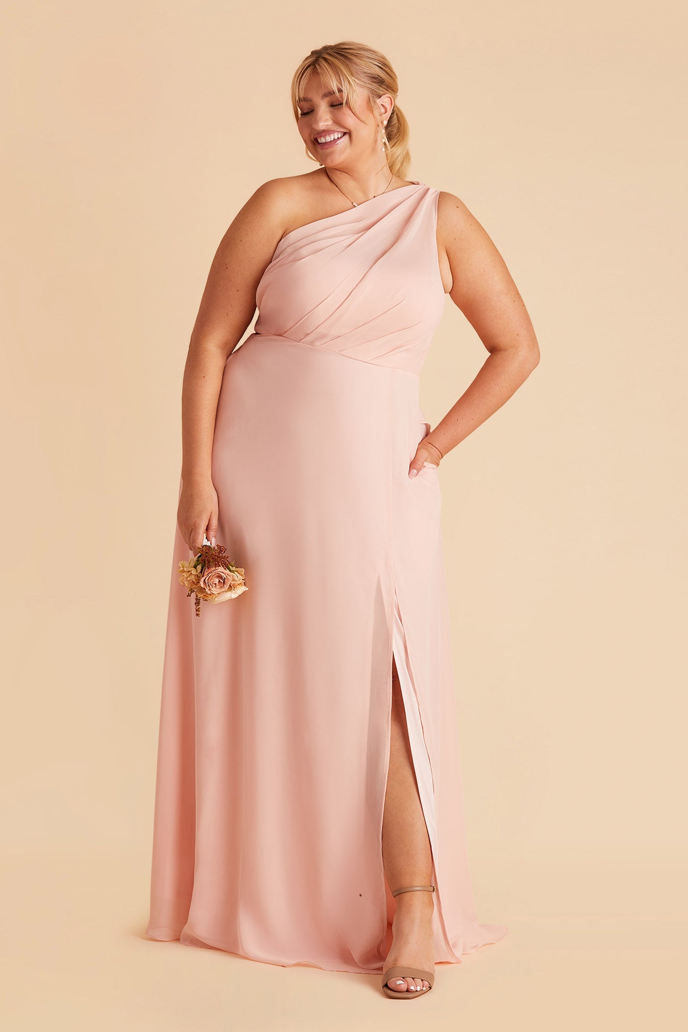 Blush Pink One-Shoulder Bridesmaid Dress with Slit | Kira