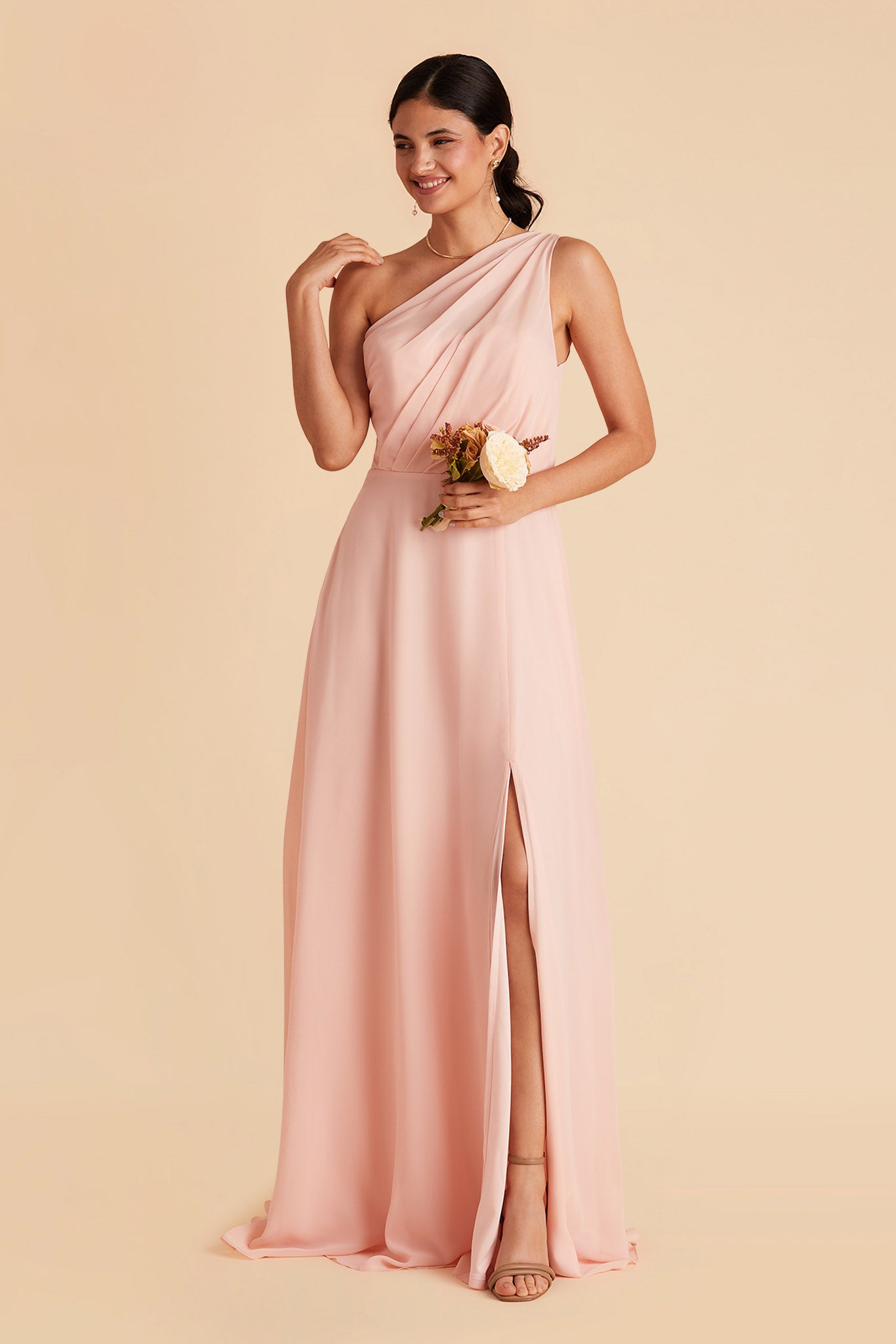 Blush Pink One-Shoulder Bridesmaid Dress with Slit | Kira