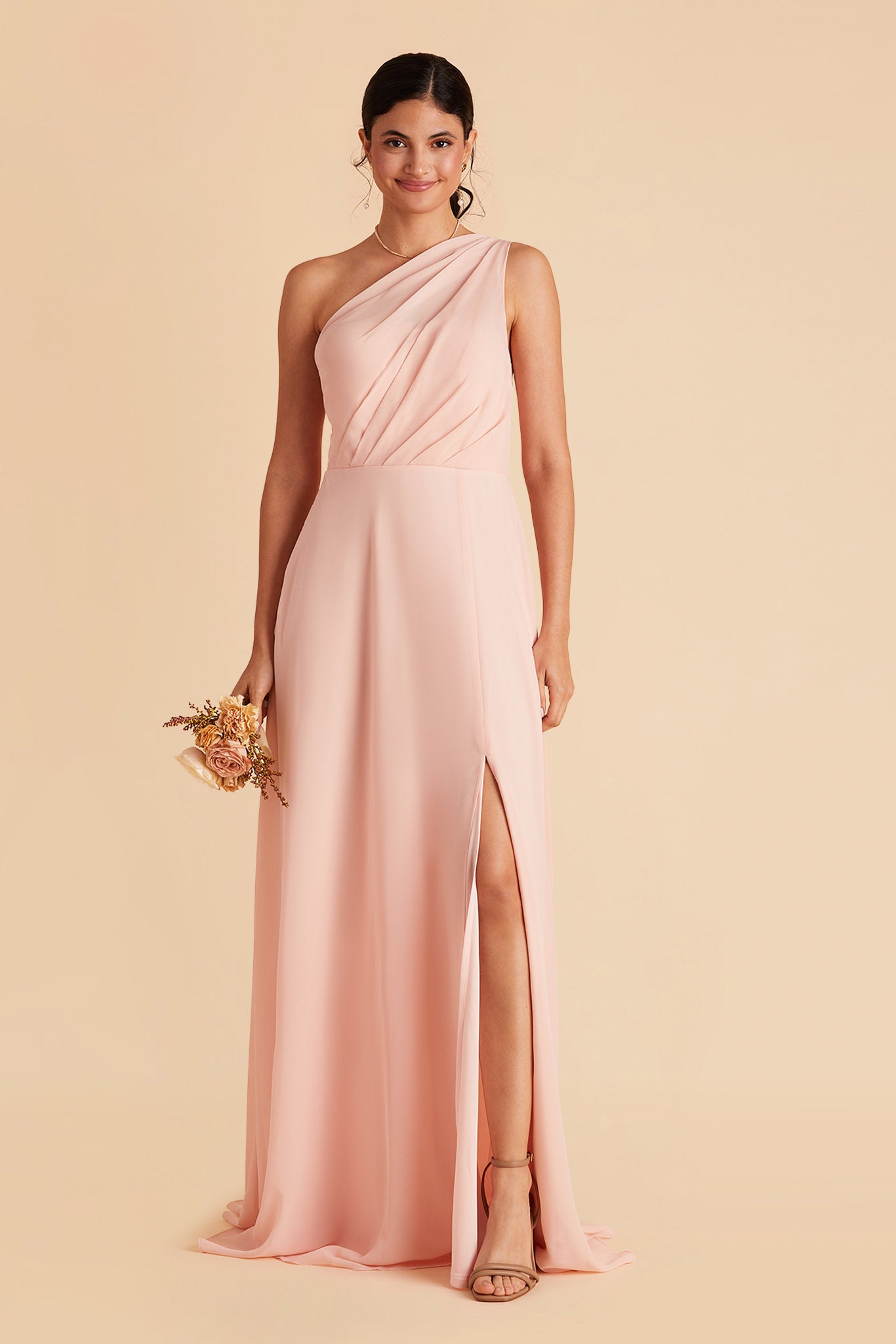Blush Pink One-Shoulder Bridesmaid Dress with Slit | Kira
