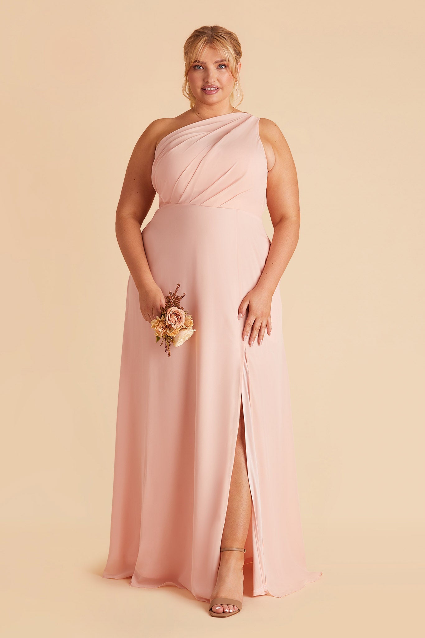 Blush Pink One-Shoulder Bridesmaid Dress with Slit | Kira