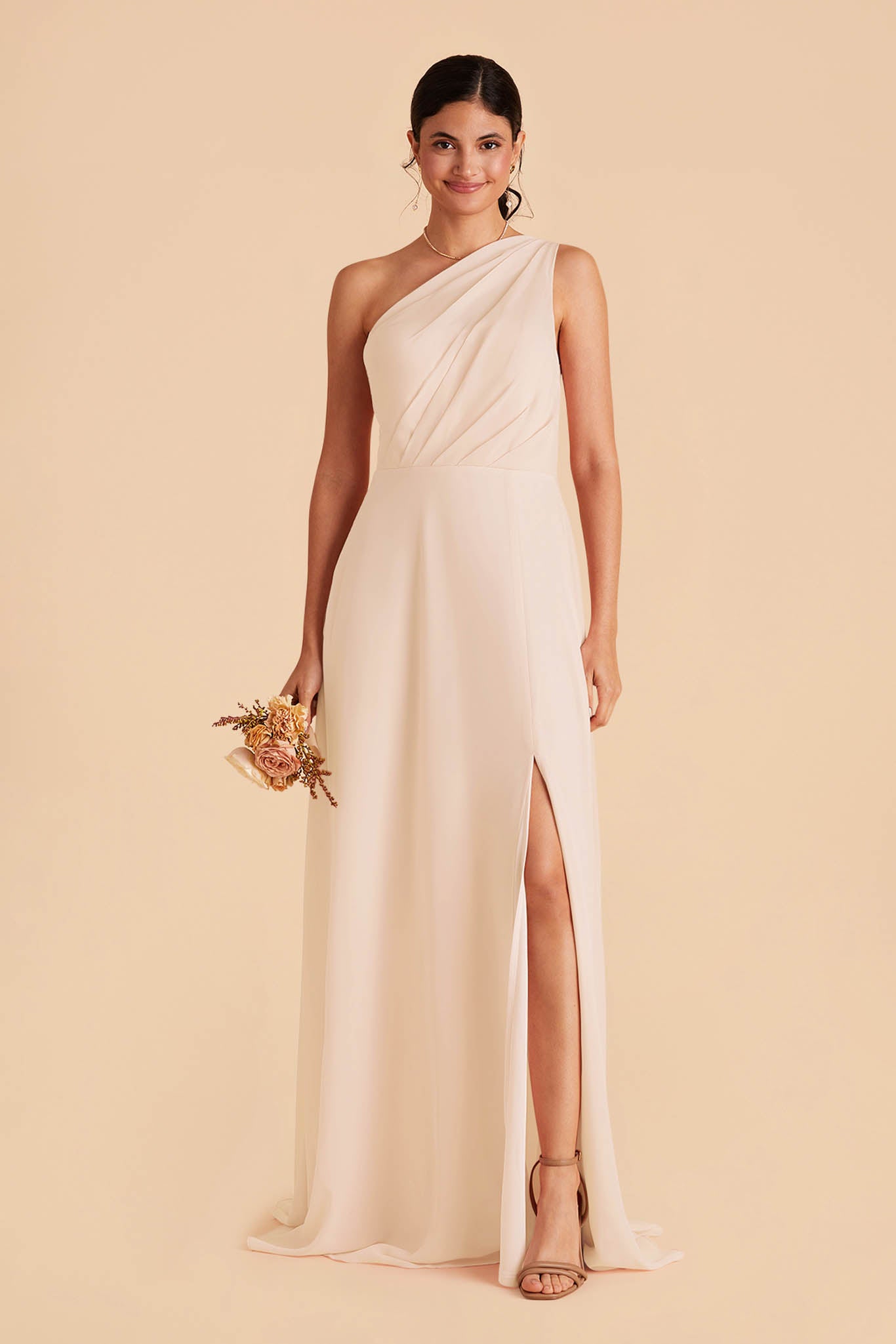 Chiffon One-Shoulder Bridesmaid Dress with Slit | Kira Champagne