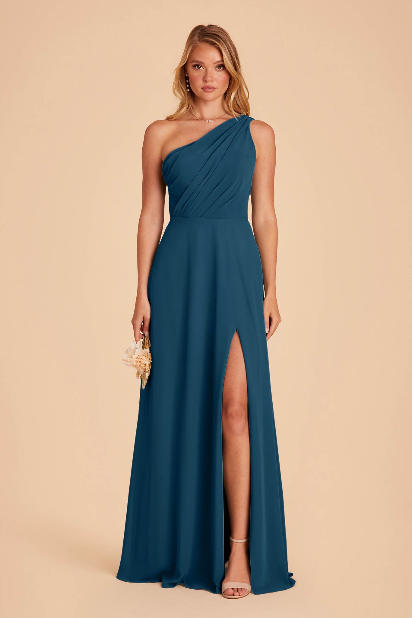 One-Shoulder Chiffon Bridesmaid Dress with Slit | Kira Dark Teal