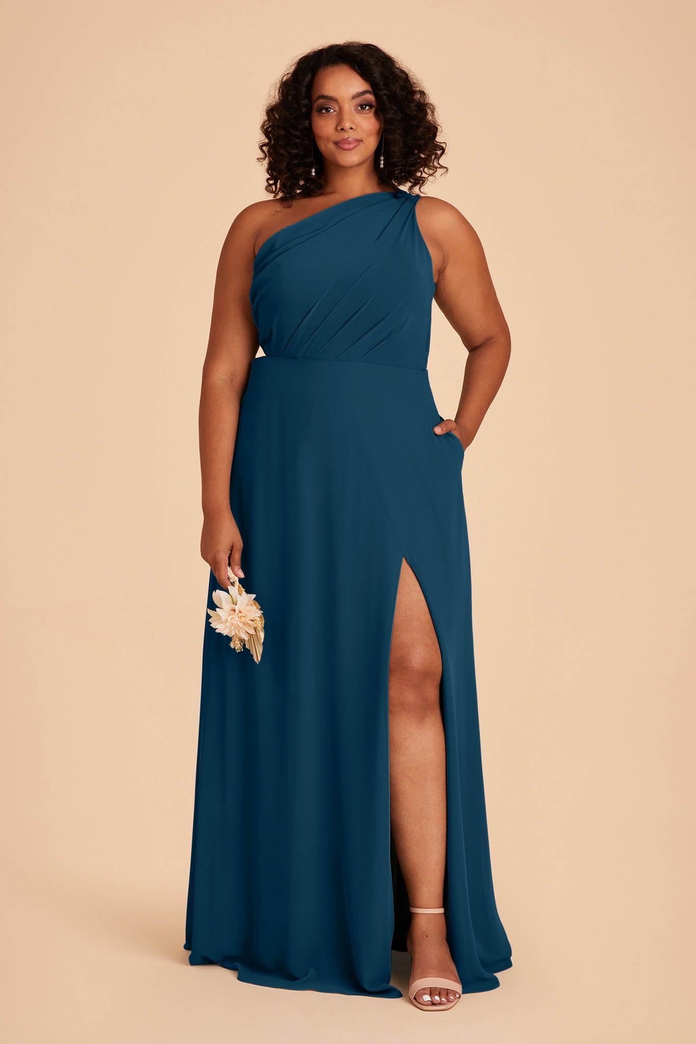 One-Shoulder Chiffon Bridesmaid Dress with Slit | Kira Dark Teal