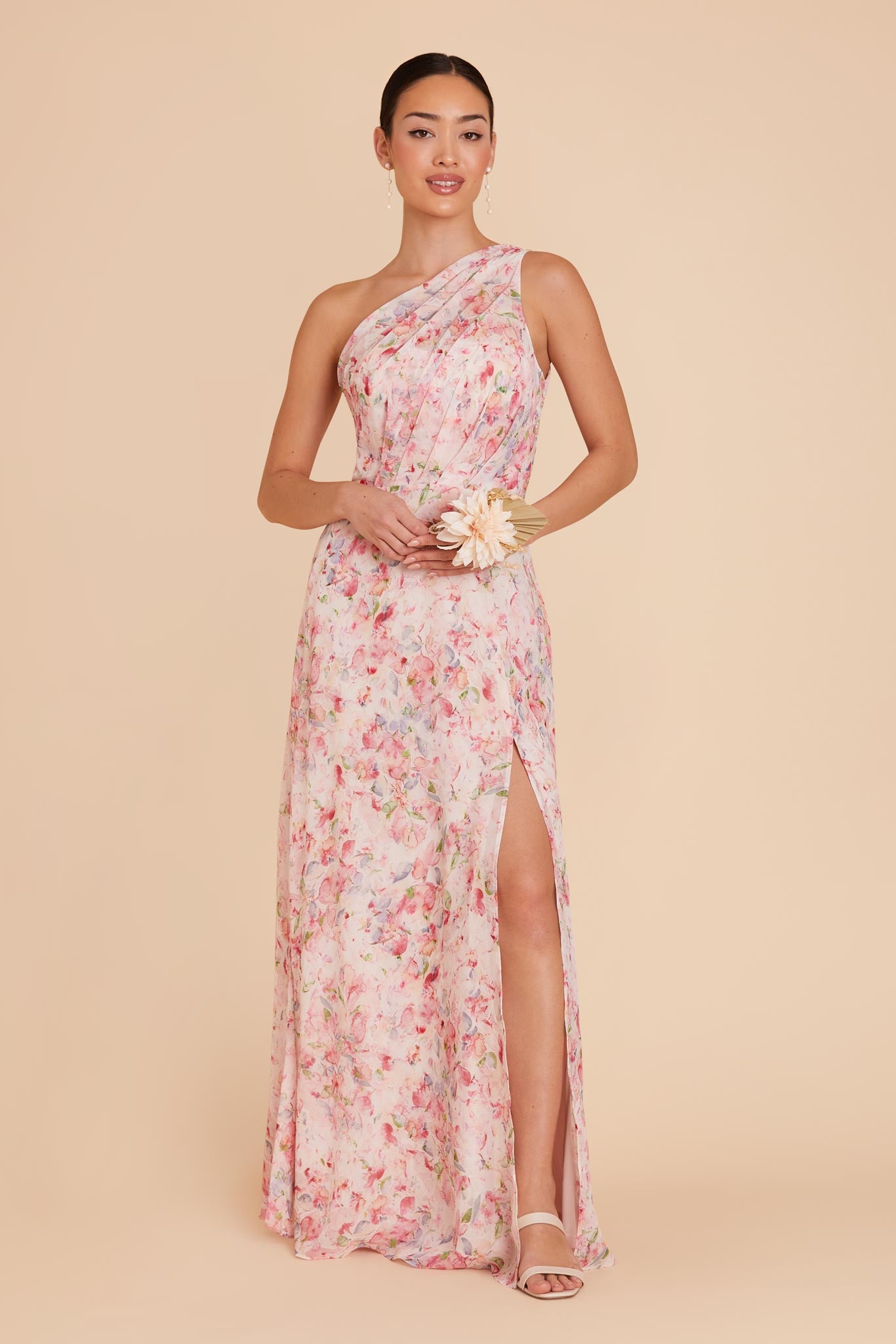 One-Shoulder Chiffon Bridesmaid Dress with Slit | Kira Pink Petals