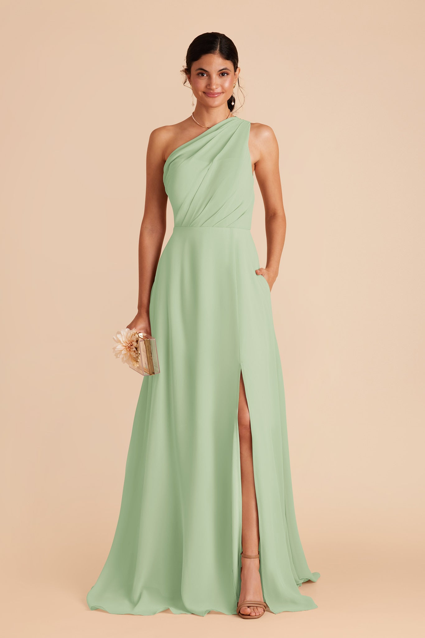 One-Shoulder Chiffon Bridesmaid Dress with Slit | Kira Pistachio