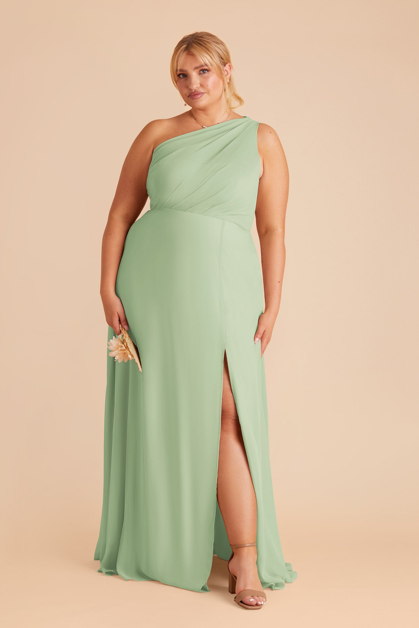 One-Shoulder Chiffon Bridesmaid Dress with Slit | Kira Pistachio