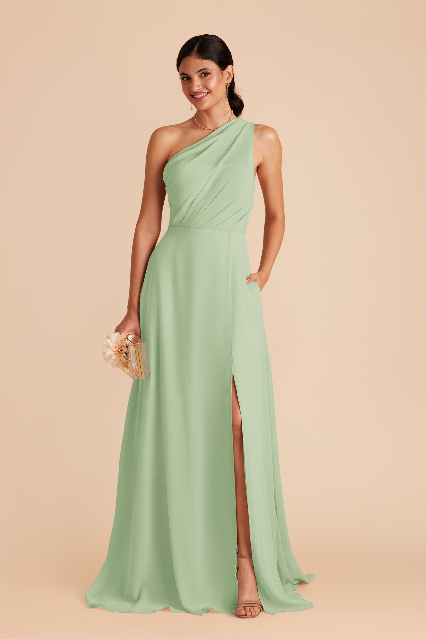 One-Shoulder Chiffon Bridesmaid Dress with Slit | Kira Pistachio