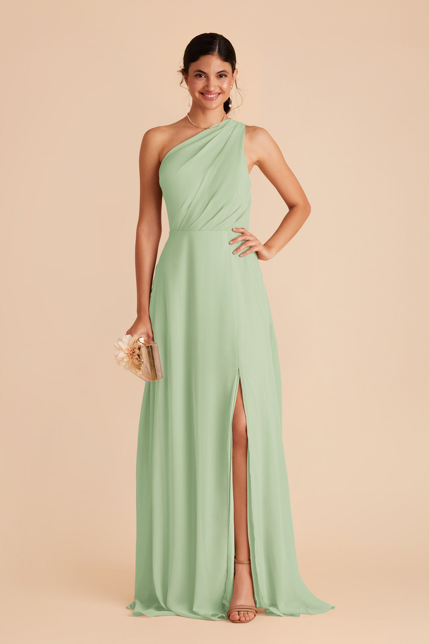 One-Shoulder Chiffon Bridesmaid Dress with Slit | Kira Pistachio