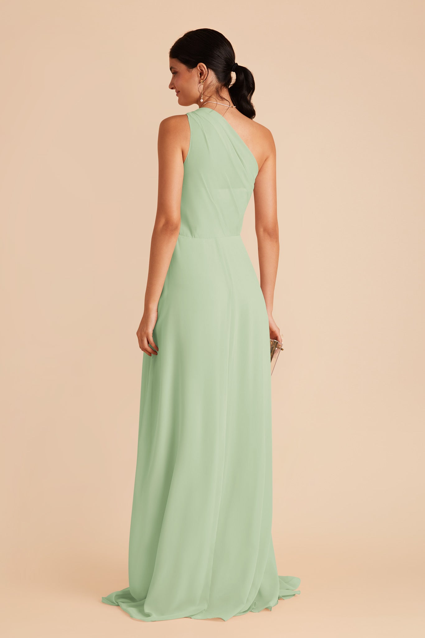 One-Shoulder Chiffon Bridesmaid Dress with Slit | Kira Pistachio