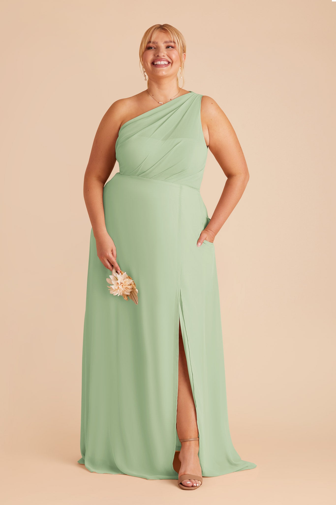 One-Shoulder Chiffon Bridesmaid Dress with Slit | Kira Pistachio