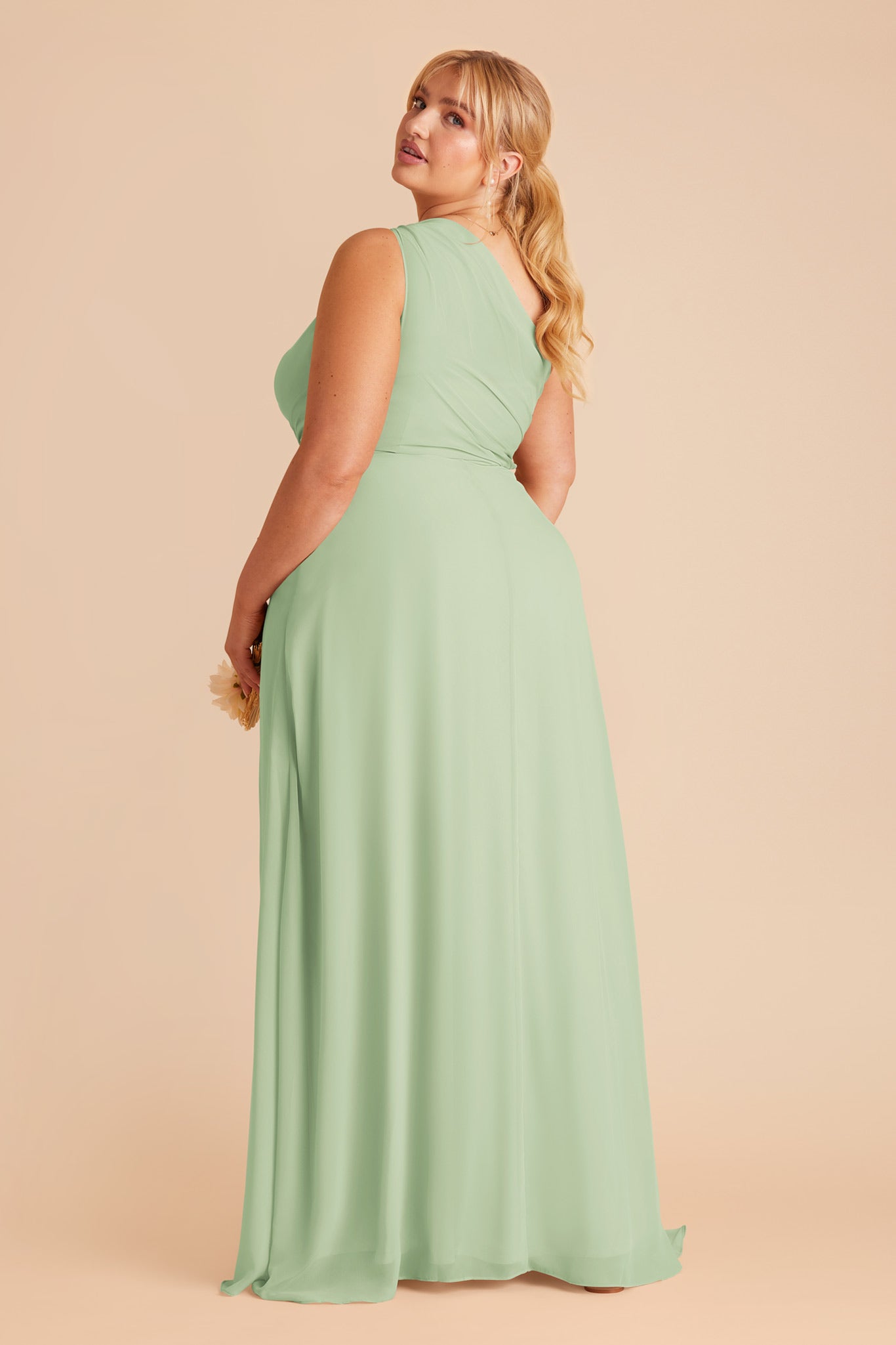 One-Shoulder Chiffon Bridesmaid Dress with Slit | Kira Pistachio