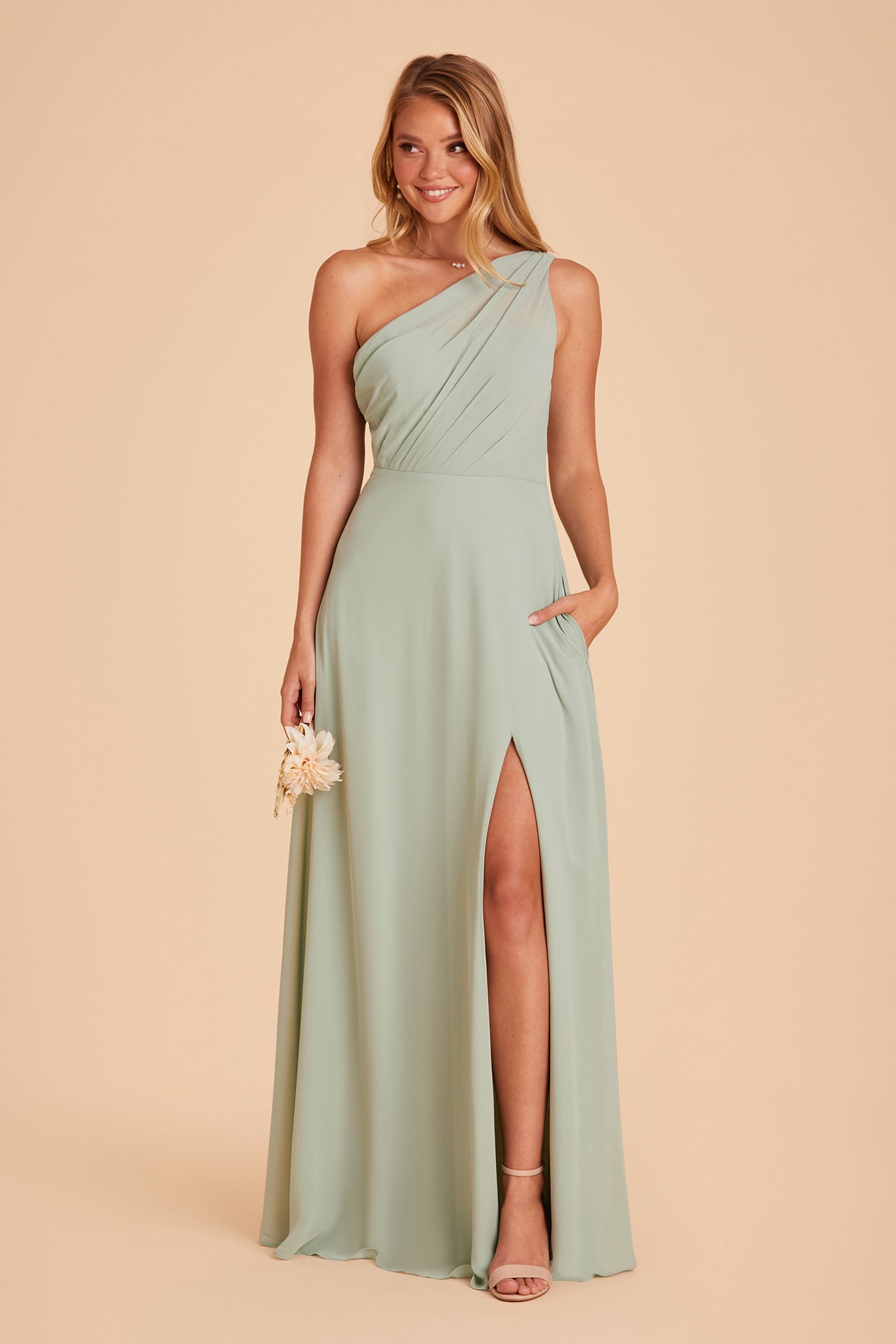One-Shoulder Chiffon Bridesmaid Dress with Slit | Kira Sage